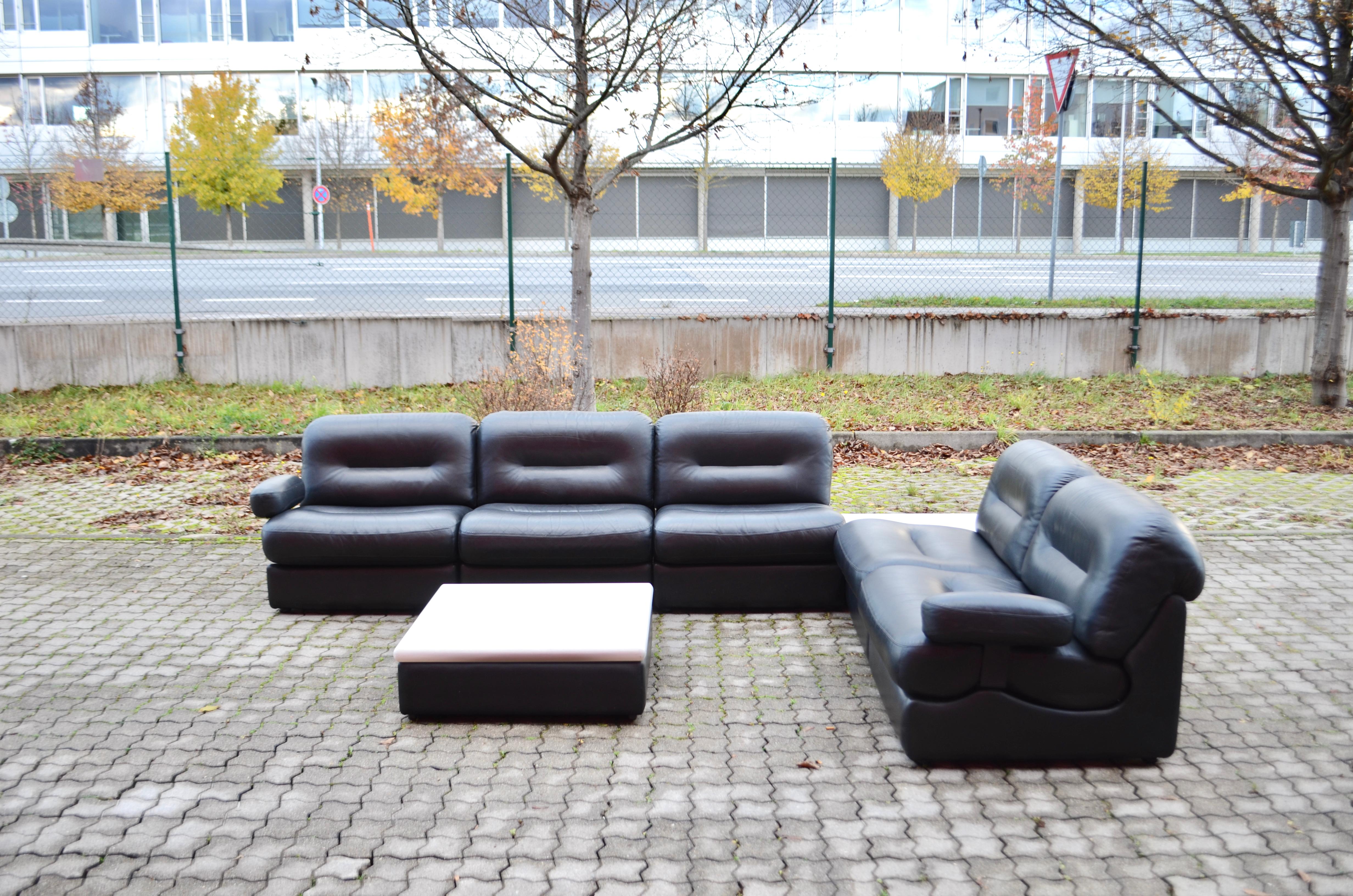  Vintage Living Room Suite Modular Black Leather Lounge Sofa, Germany, 1970 For Sale 10