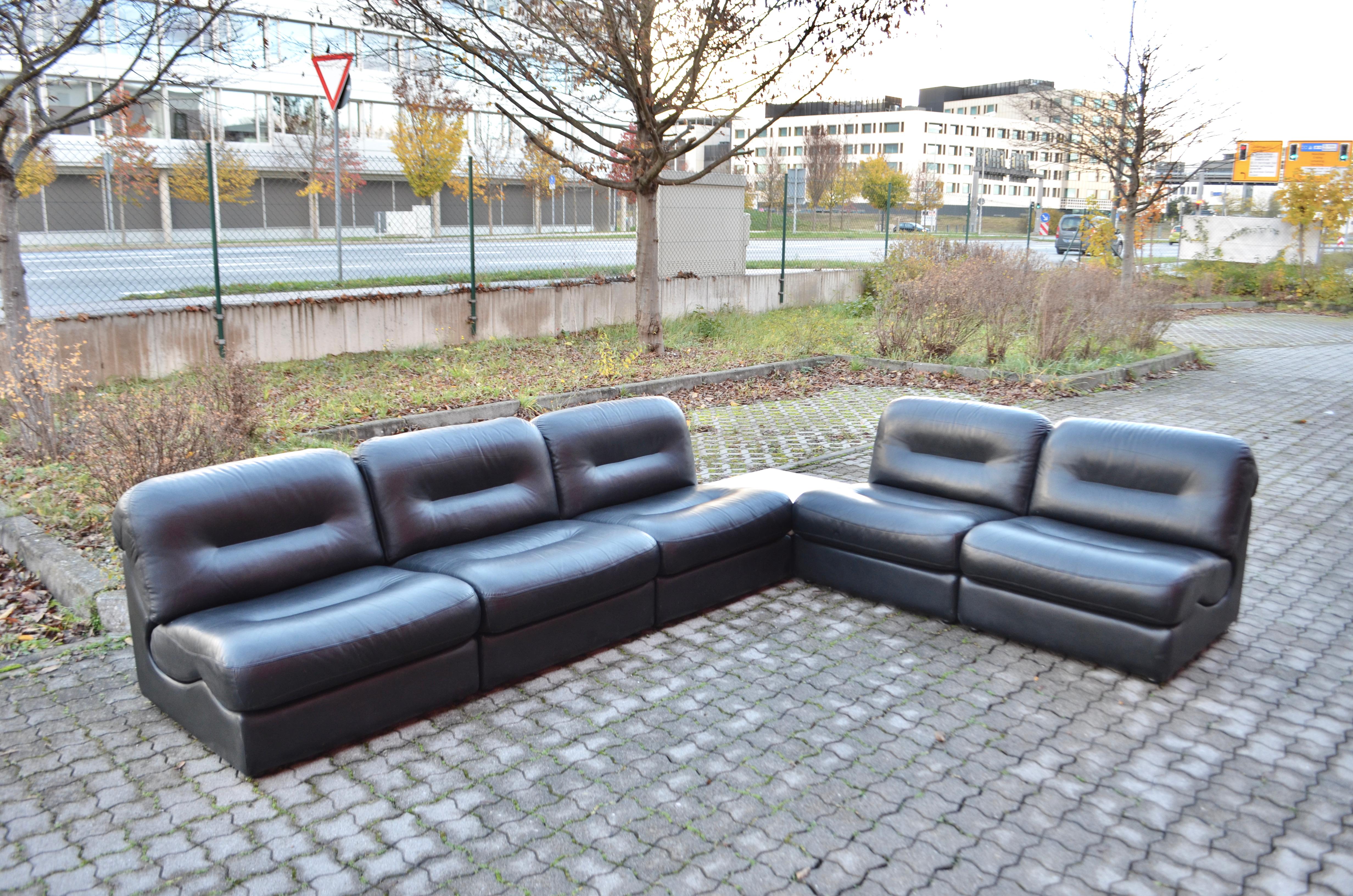 Late 20th Century  Vintage Living Room Suite Modular Black Leather Lounge Sofa, Germany, 1970 For Sale