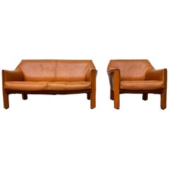 Vintage Livingroomset 415 Cab in Cognac Leather by Mario Bellini, Italy