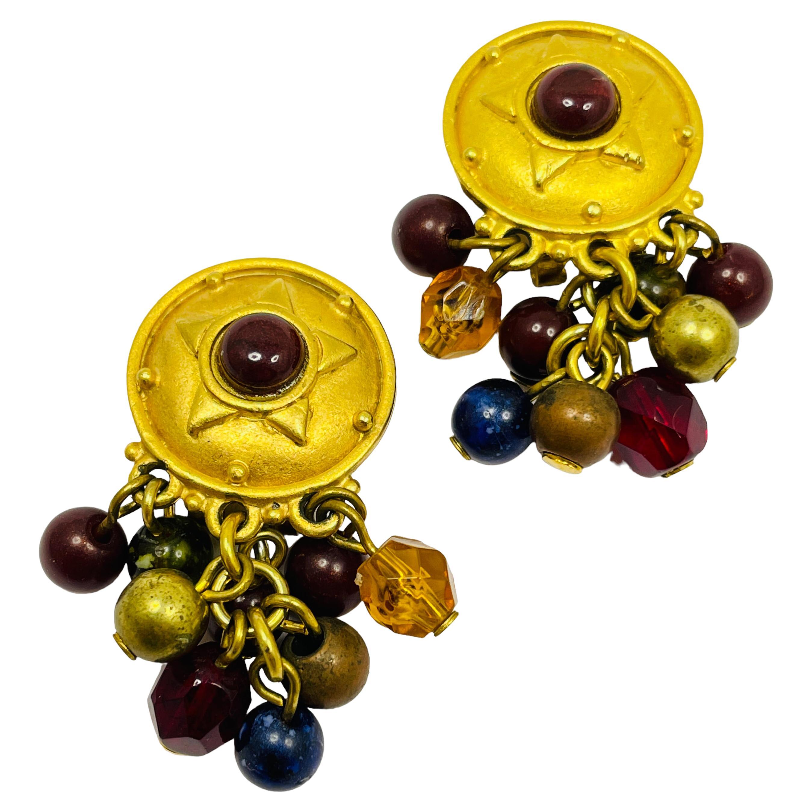 Vintage LIZ CLAIBORNE gold beads designer clip on earrings For Sale