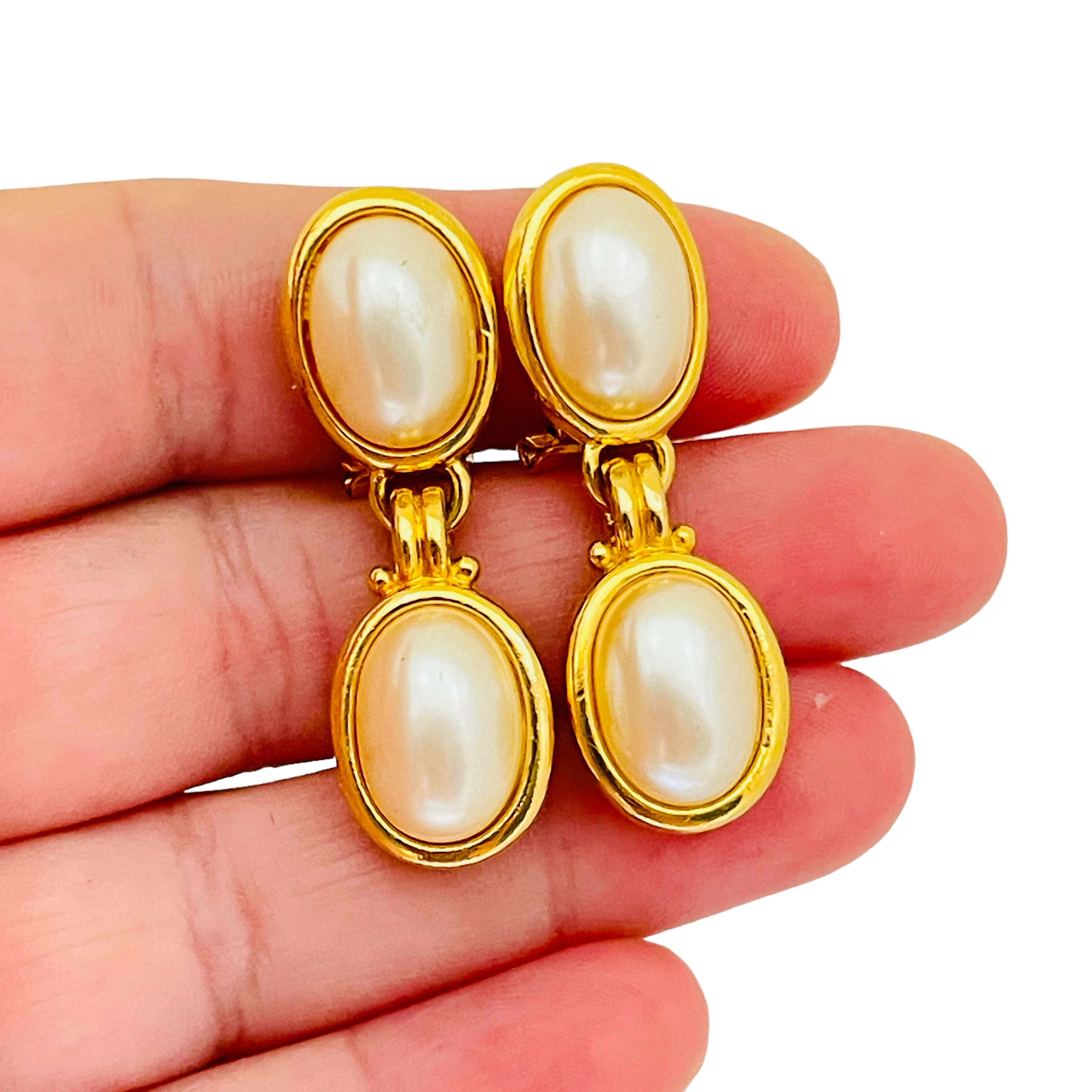 Women's or Men's Vintage LIZ CLAIBORNE gold pearl designer runway clip on earrings  For Sale