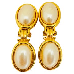 Retro LIZ CLAIBORNE gold pearl designer runway clip on earrings 