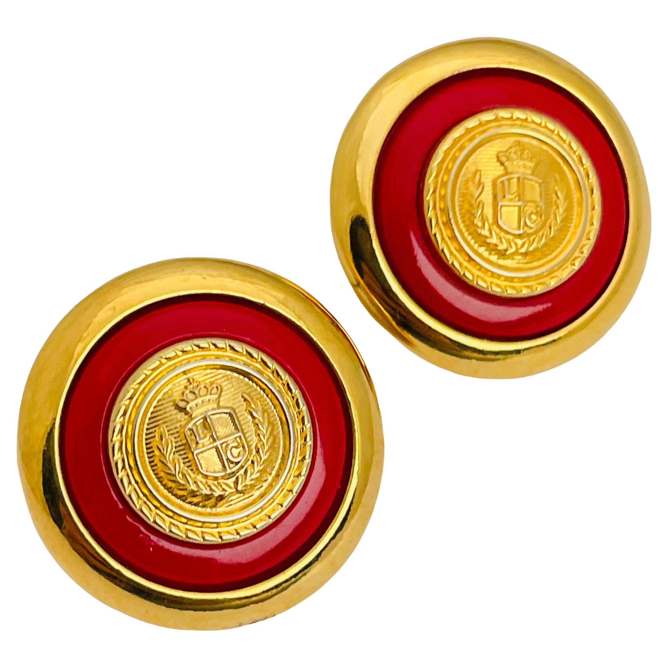 Vintage LIZ CLAIBORNE gold red designer runway pierced earrings For Sale