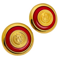 Vintage LIZ CLAIBORNE gold red designer runway pierced earrings