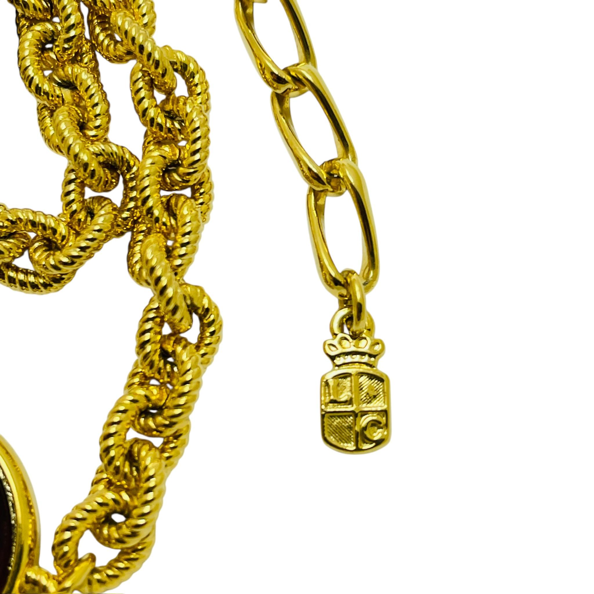 Vintage LIZ CLAIBORNE gold tone red enamel station long designer necklace In Good Condition For Sale In Palos Hills, IL