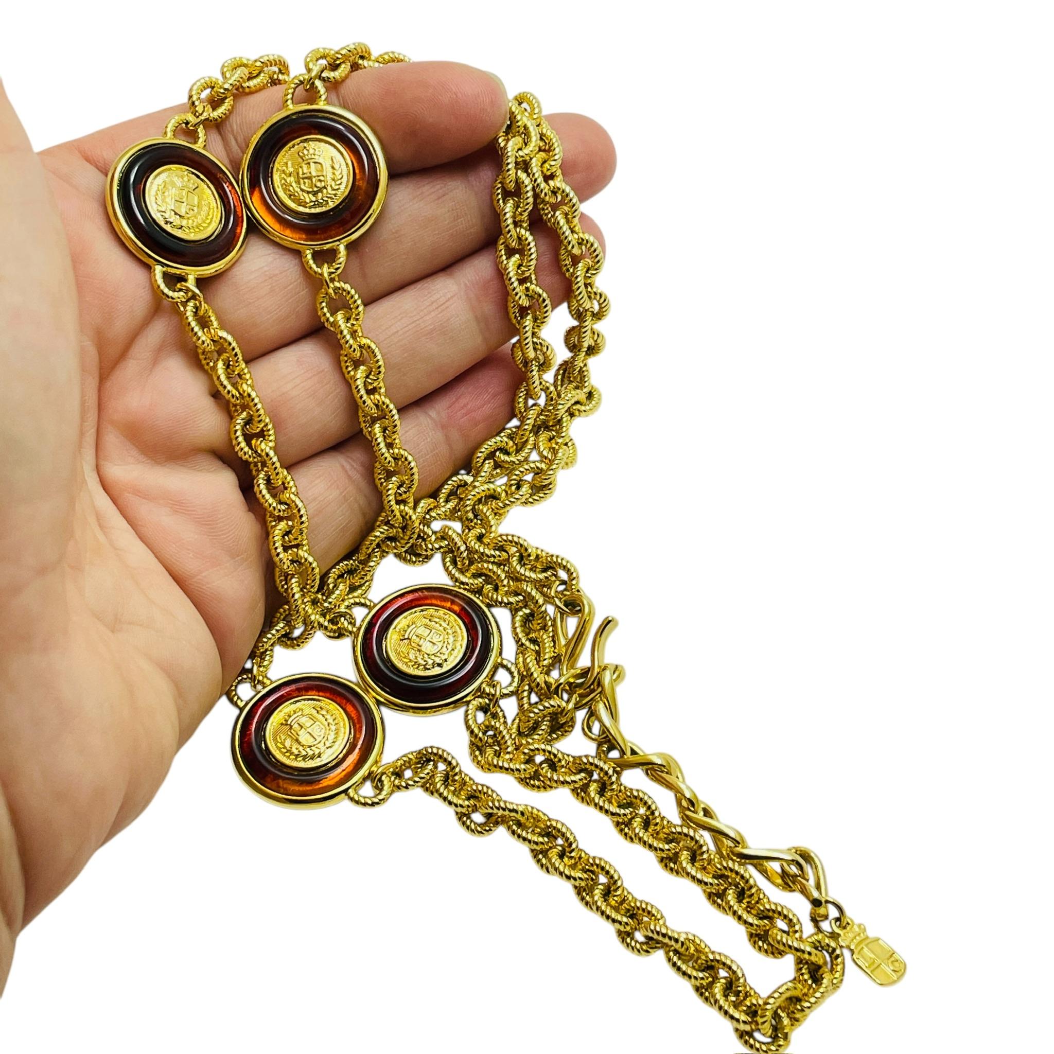 Women's Vintage LIZ CLAIBORNE gold tone red enamel station long designer necklace For Sale