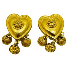 Vintage LIZ CLAIBORNE matte gold tone dangle heart designer clip on earrings