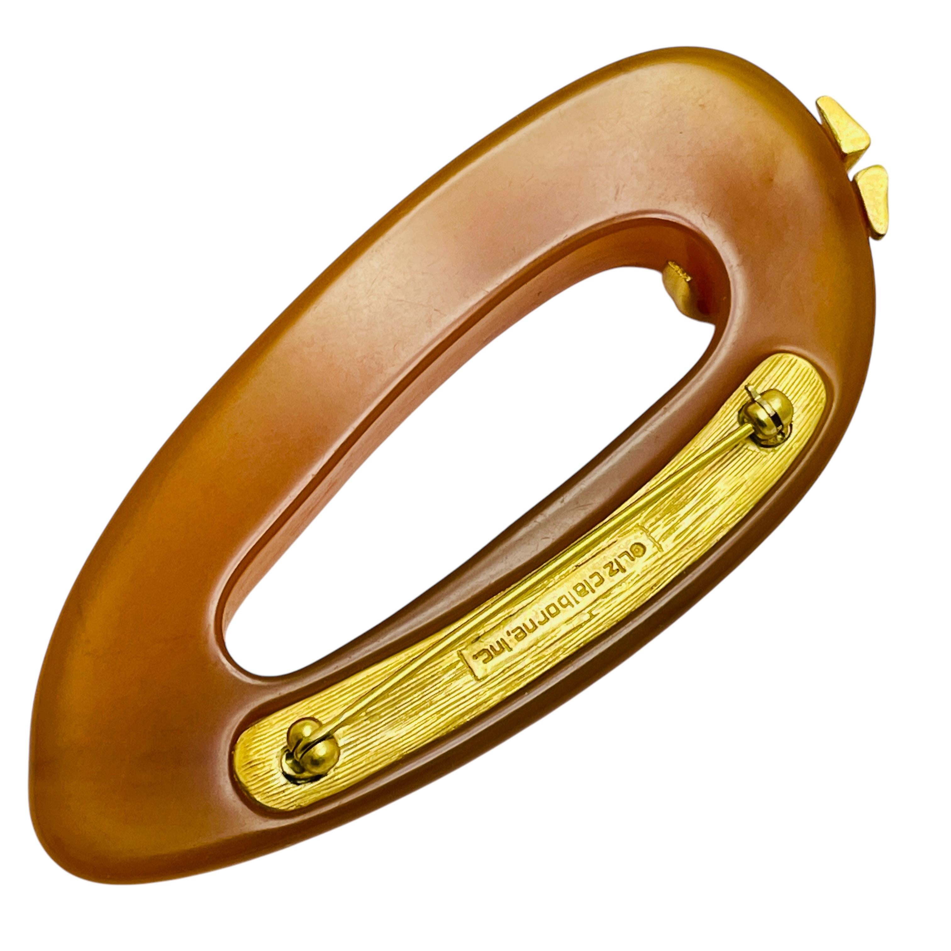 Vintage LIZ CLAIBORNE signed resin gold tone rhinestone modern designer brooch In Good Condition For Sale In Palos Hills, IL