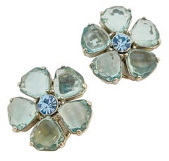 Vintage LIZ CLAIBORNE signed silver tone blue rhinestone flower clip on earrings