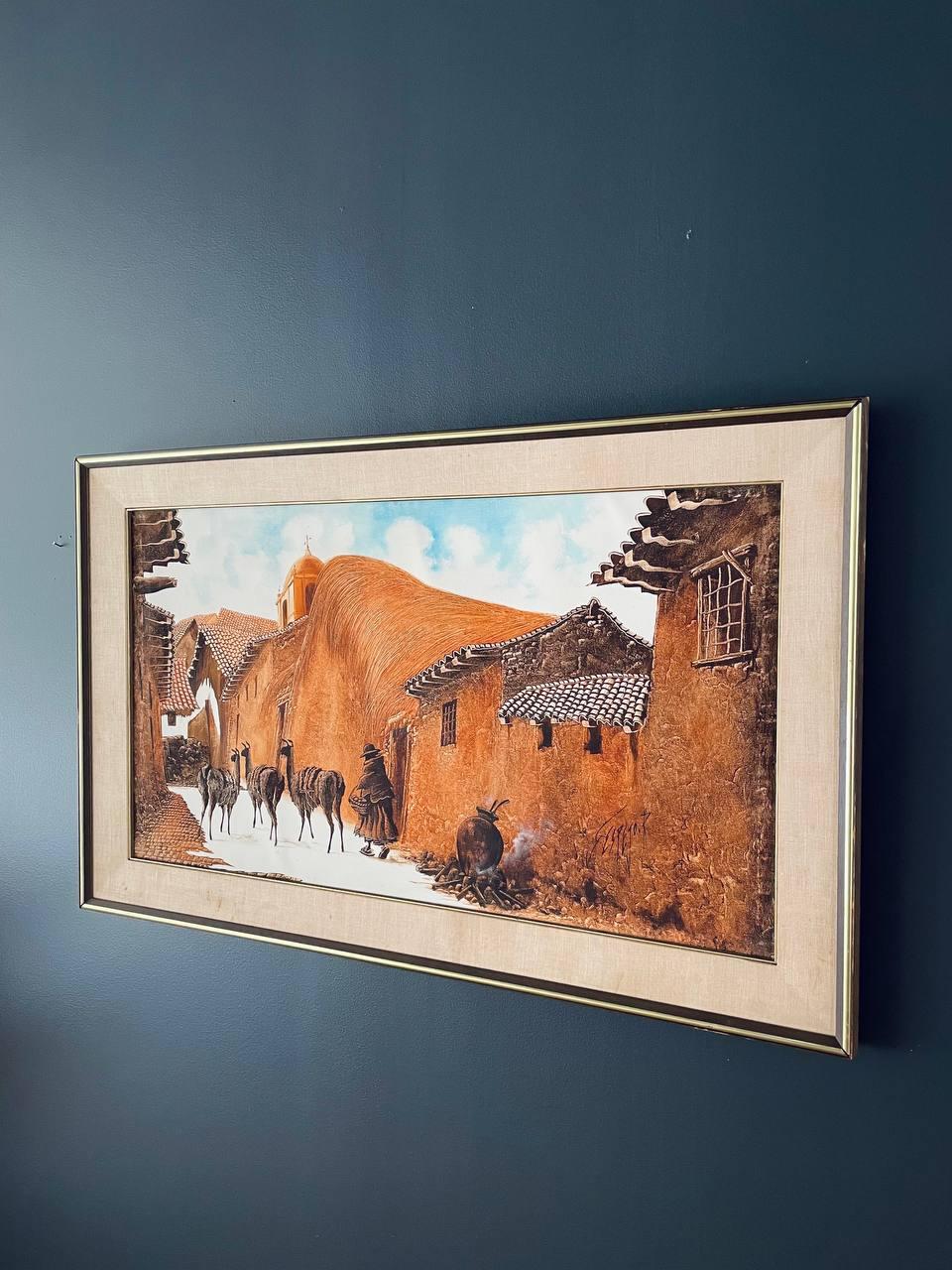 Other Vintage Llamas in Peruvian Village Oil Painting with Brass Accent Frame