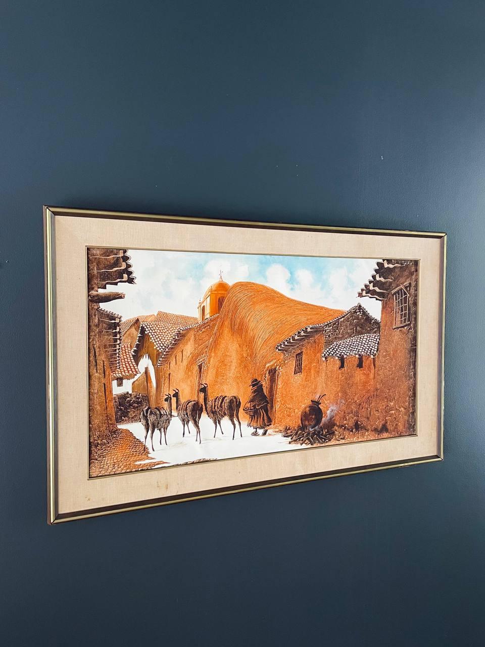 American Vintage Llamas in Peruvian Village Oil Painting with Brass Accent Frame