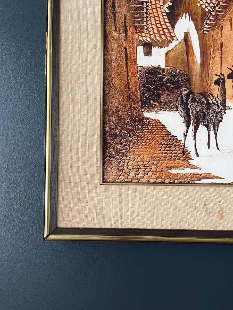 Vintage Llamas in Peruvian Village Oil Painting with Brass Accent Frame In Good Condition In Los Angeles, CA