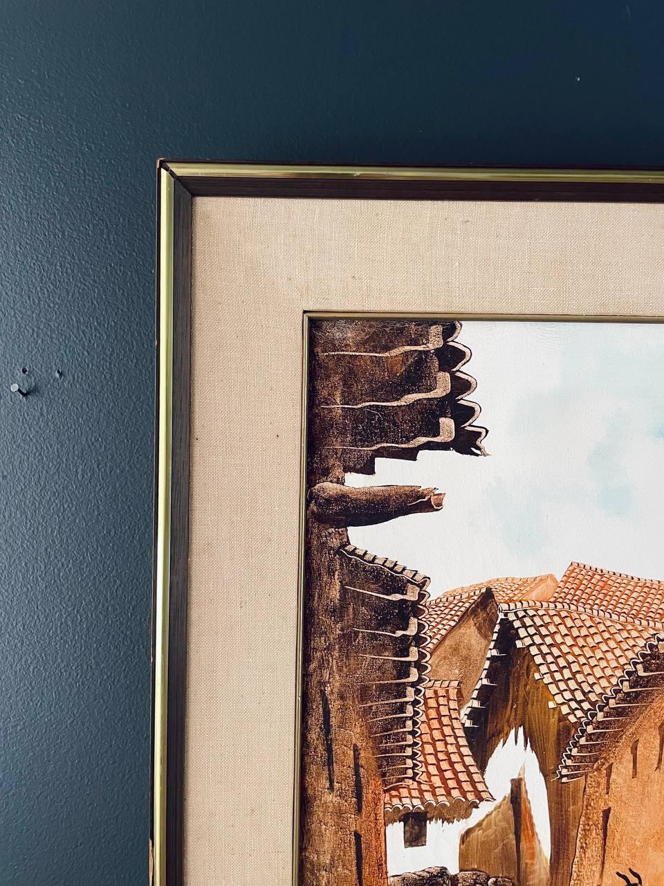 Mid-20th Century Vintage Llamas in Peruvian Village Oil Painting with Brass Accent Frame
