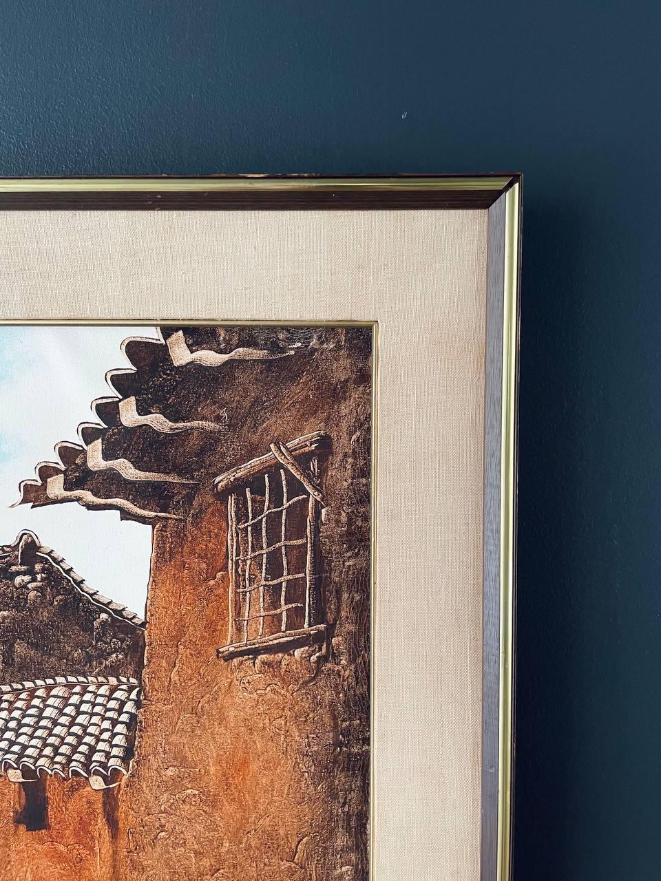 Vintage Llamas in Peruvian Village Oil Painting with Brass Accent Frame 1