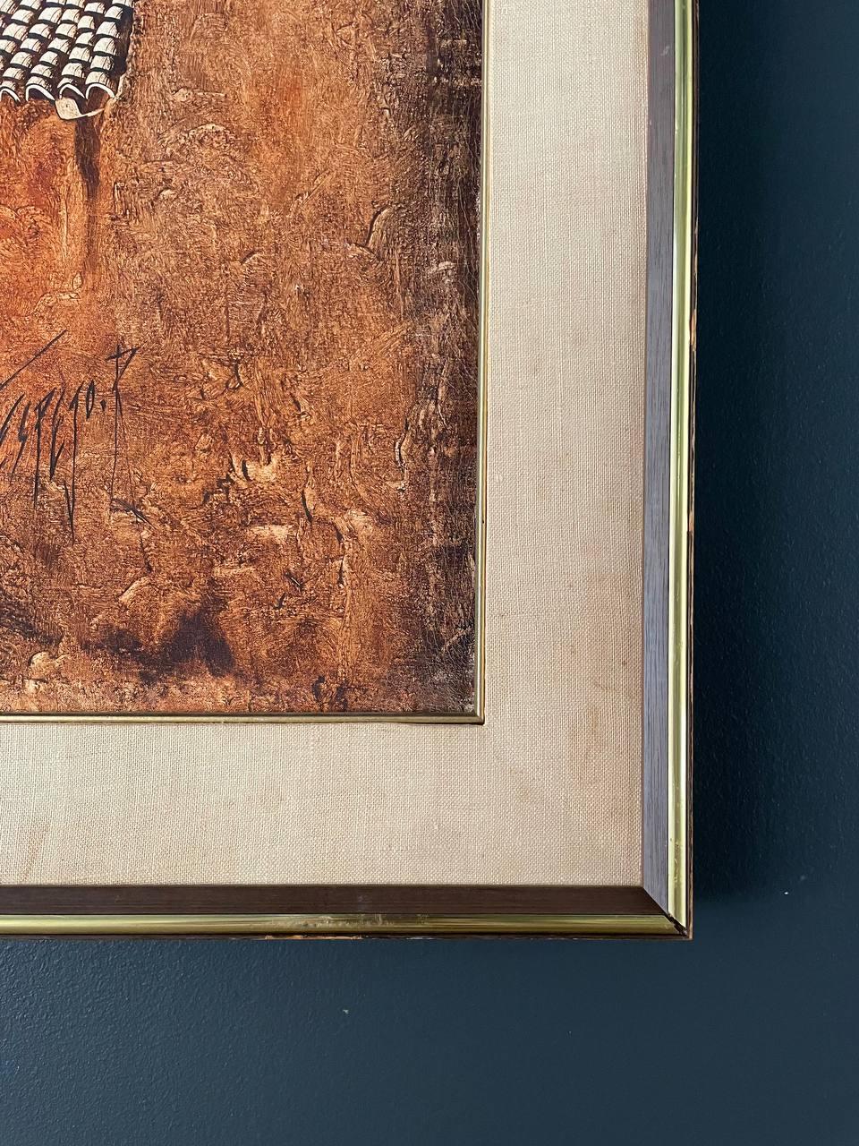 Vintage Llamas in Peruvian Village Oil Painting with Brass Accent Frame 2