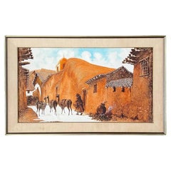 Vintage Llamas in Peruvian Village Oil Painting with Brass Accent Frame