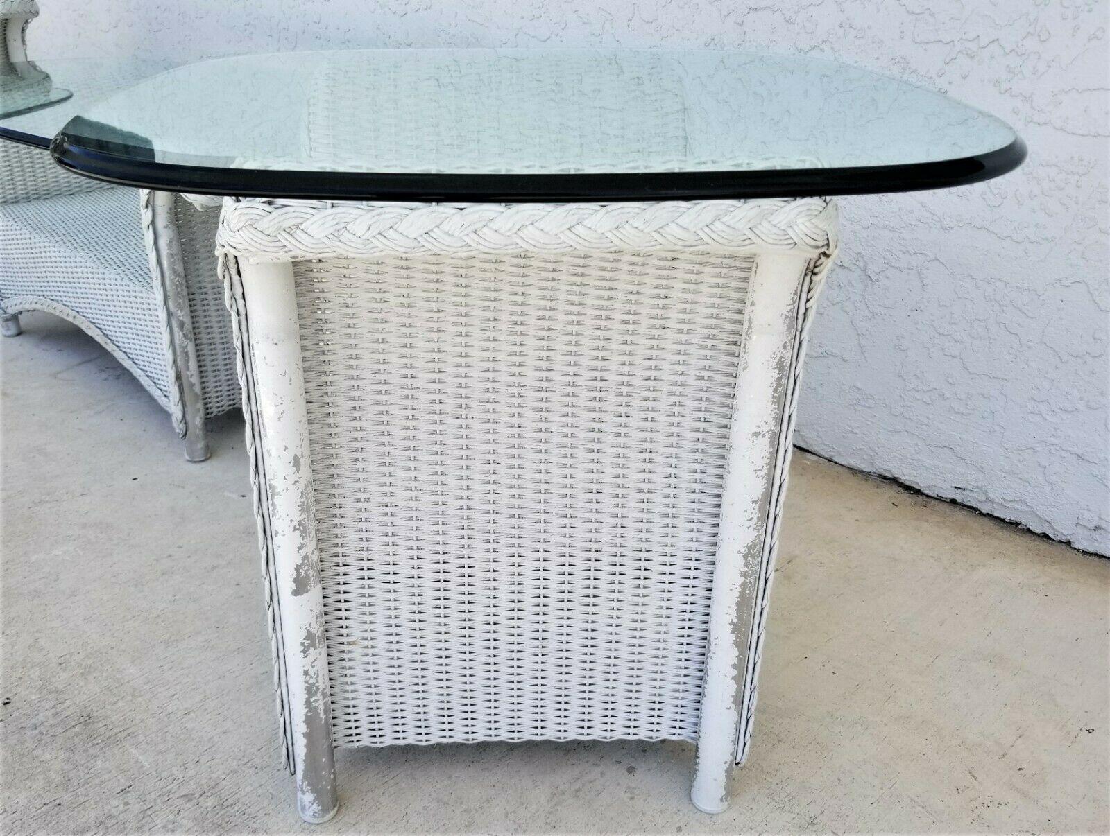 For FULL item description click on CONTINUE READING at the bottom of this page.

Offering One Of Our Recent Palm Beach Estate Fine Furniture Acquisitions Of A
Vintage Set Of 2 LLOYD LOOM Flanders Wicker Weather Resistant Side Tables w Glass
With the