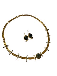 Vintage LM Classical Mythological Theme 18K Gold Tone Link Necklace and Earrings