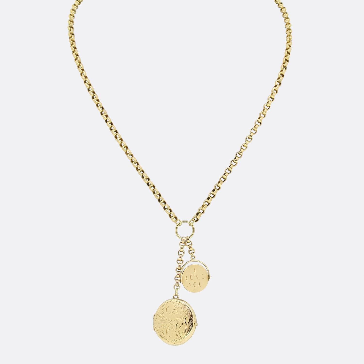 This is a vintage 9ct yellow gold belcher charm necklace. The necklace has a locket and an 'I Love You' spinner pendant which are suspended on decorative belcher link chains. The necklace is secured by an antique barrel clasp. The locket can be