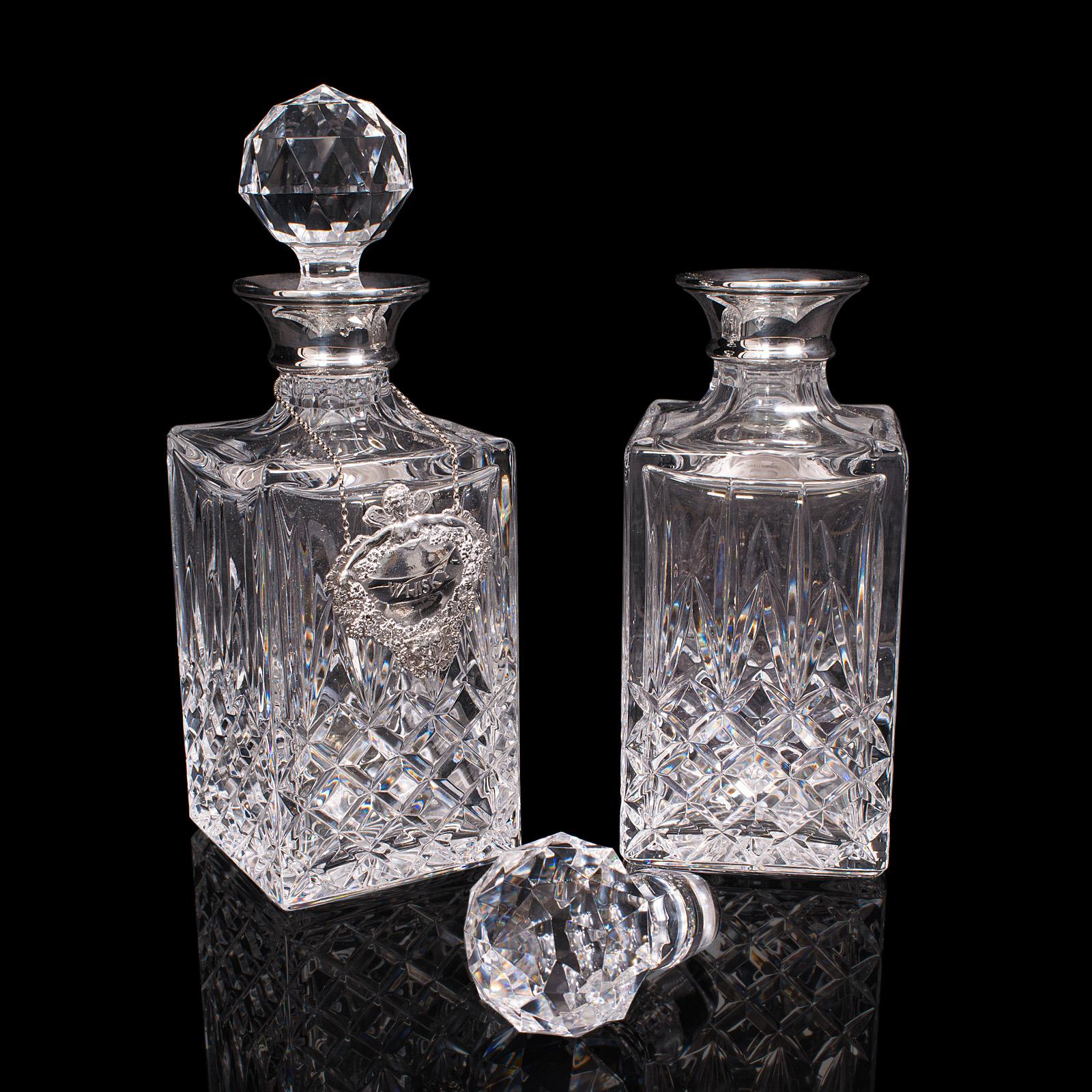 Glass Vintage Locking Spirit Tantalus, English, Two Decanter Stand, Hallmarked Silver For Sale
