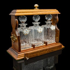 Vintage Locking Tantalus, English, Oak, Glass, Decanter Caddy, Victorian Taste