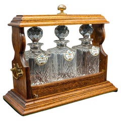 Vintage Locking Tantalus, English, Oak, Glass, Decanter Caddy, Victorian Taste