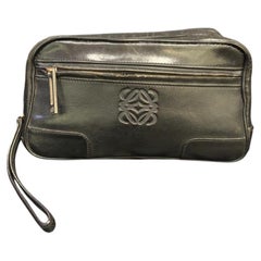 Vintage Loewe Anagram Debossed Black Leather Wristlet Zip Pouch