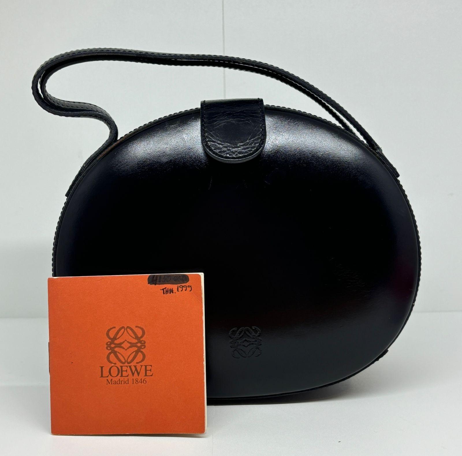 Vintage Loewe Black Smooth Leather Anagram Embossed Round Top Handle Bag For Sale 1
