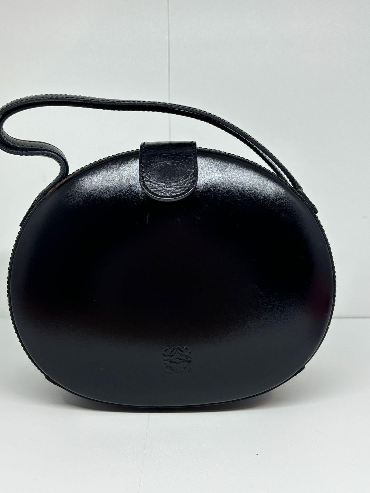 Vintage Loewe Black Smooth Leather Anagram Embossed Round Top Handle Bag For Sale 4