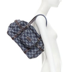 vintage LOEWE blue Anagram canvas brown strap detachable pouch Boston bag