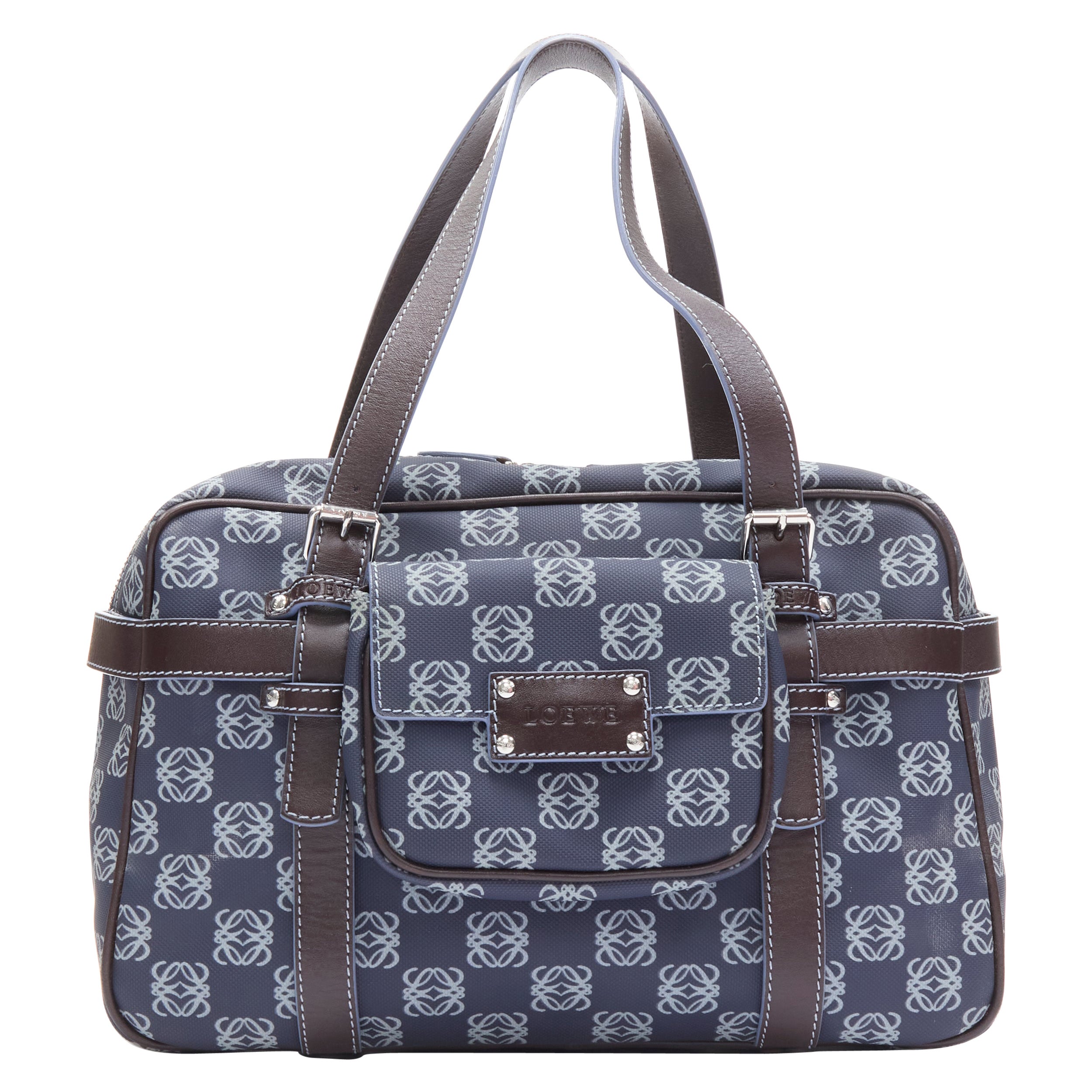 vintage LOEWE blue Anagram canvas brown strap detachable pouch Boston bag
