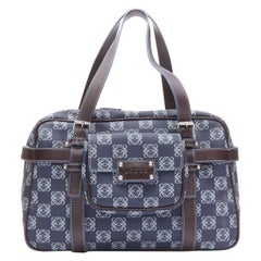 vintage LOEWE blue Anagram canvas brown strap detachable pouch Boston bag