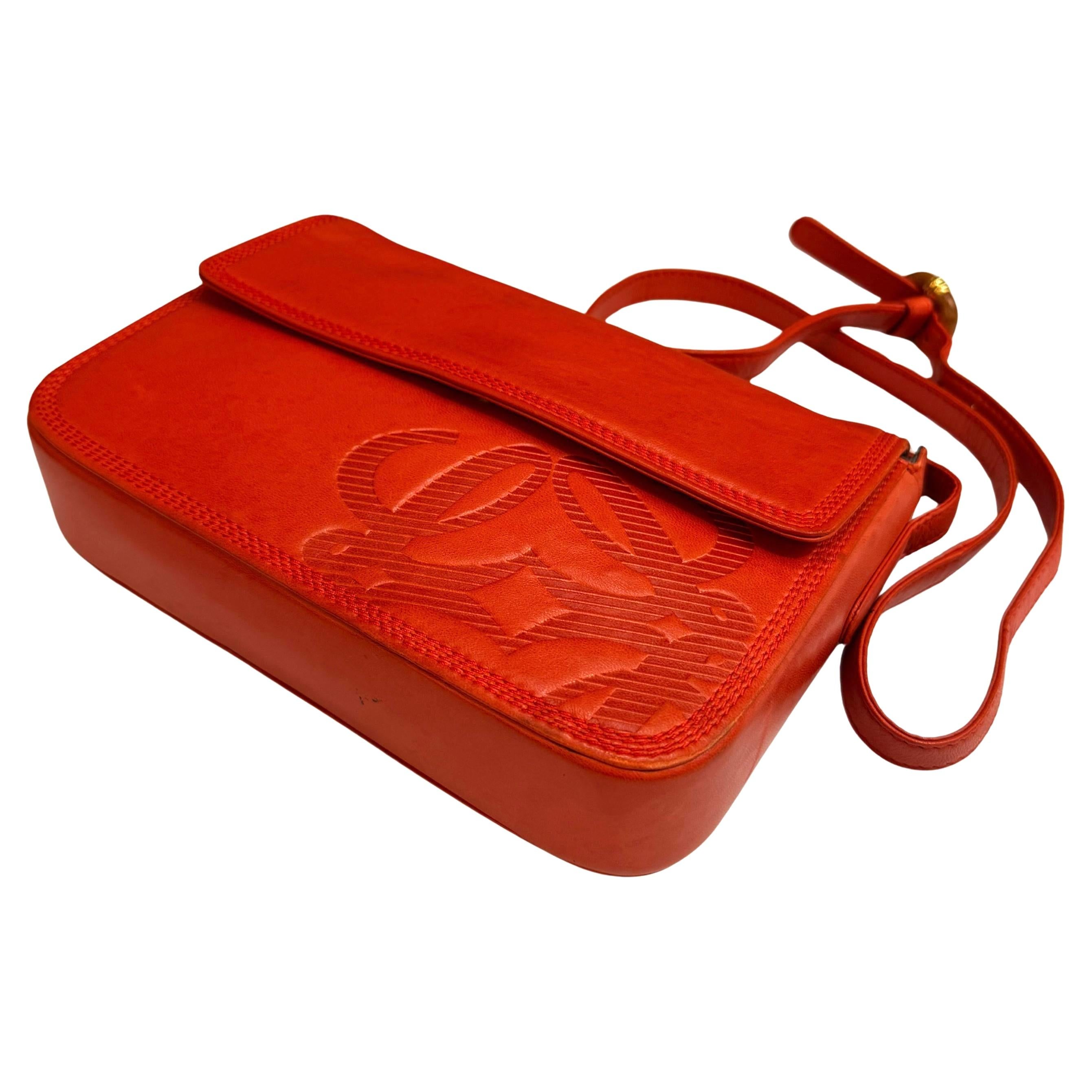 Vintage LOEWE Calfskin Leather Anagram Box Crossbody Bag Orange 2