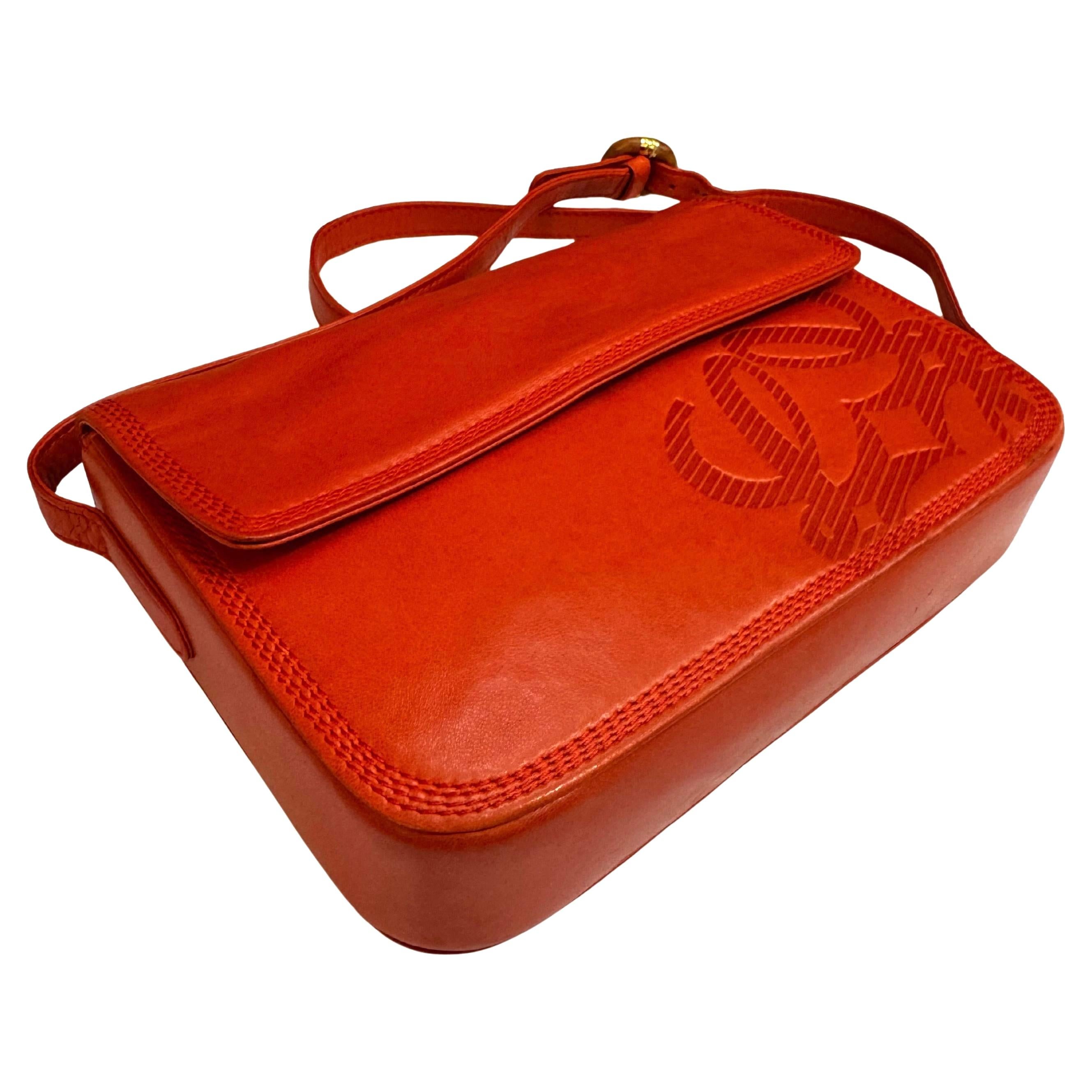 Vintage LOEWE Calfskin Leather Anagram Box Crossbody Bag Orange 3