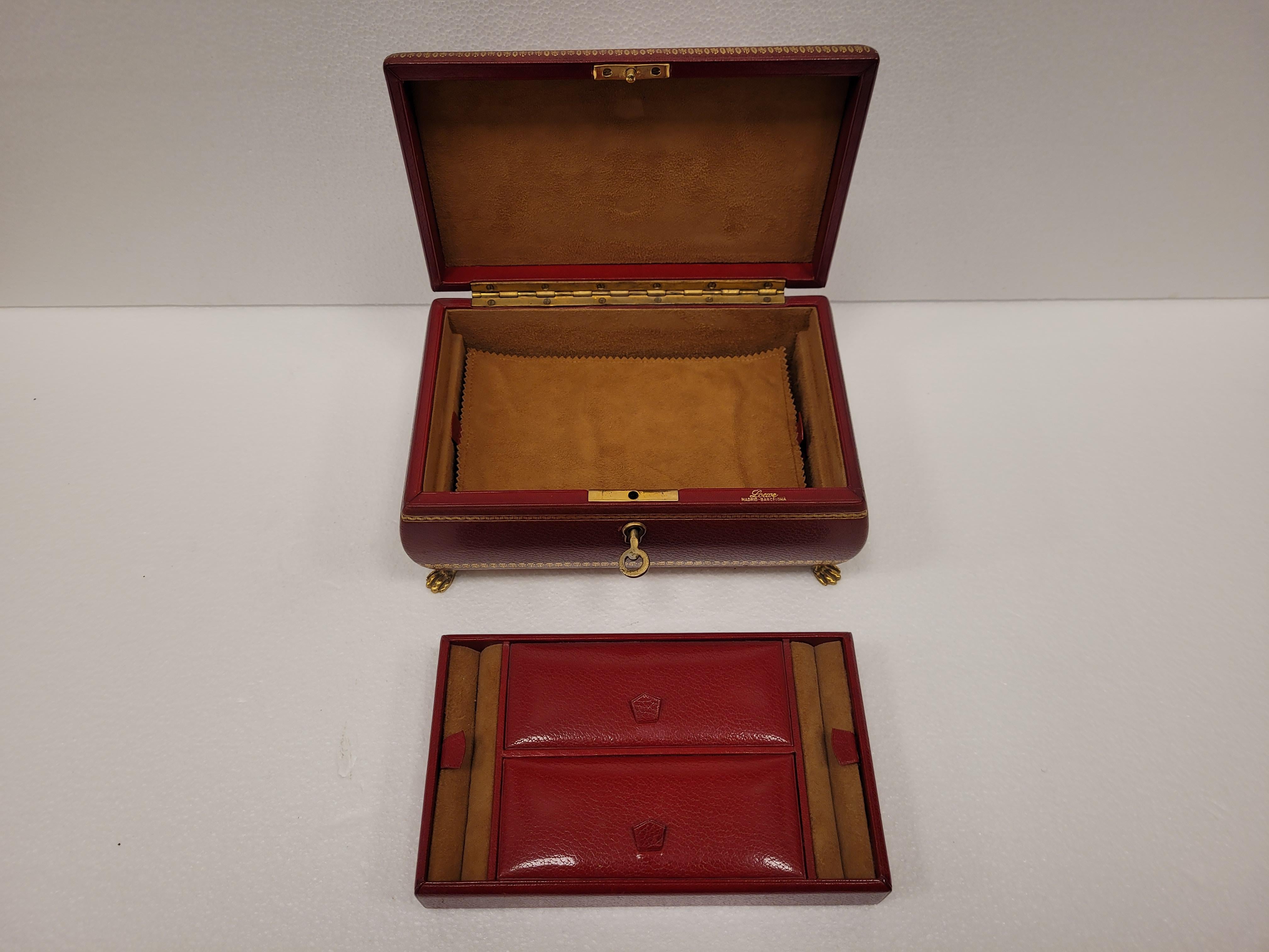 Vintage LOEWE garnet Leather Jewelry Box key gold 11