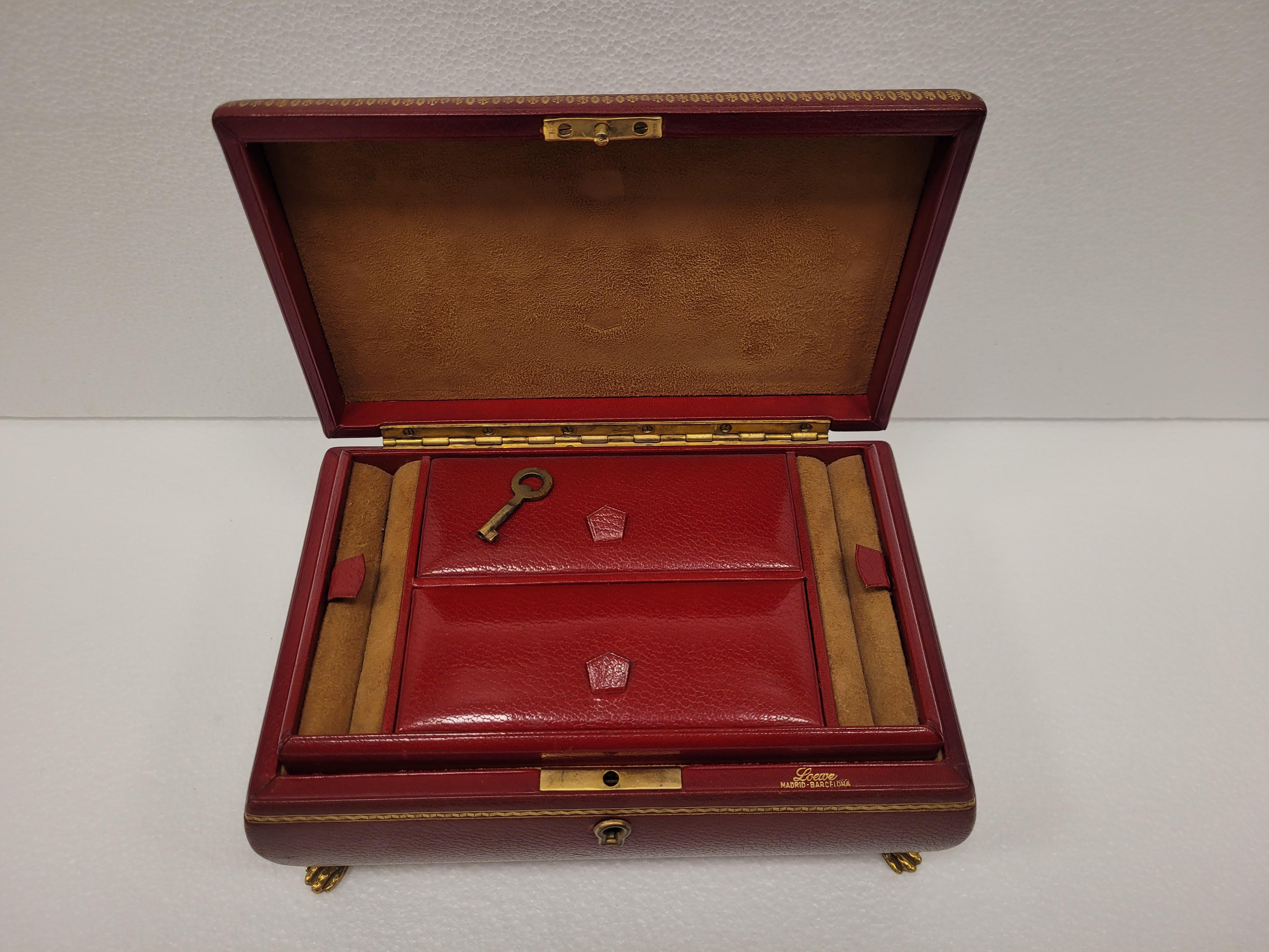 Women's or Men's Vintage LOEWE garnet Leather Jewelry Box key gold