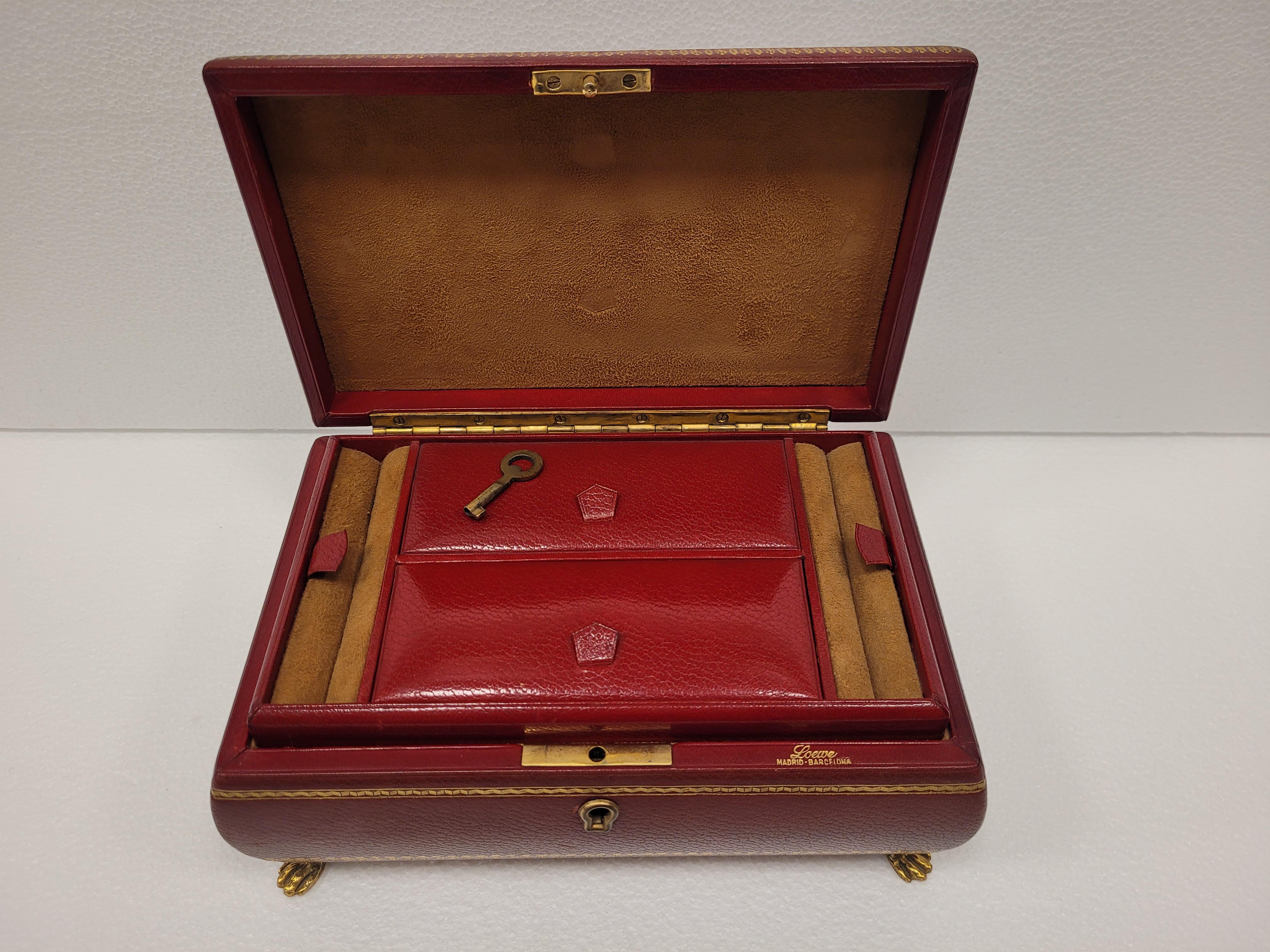 Vintage LOEWE garnet Leather Jewelry Box key gold 2