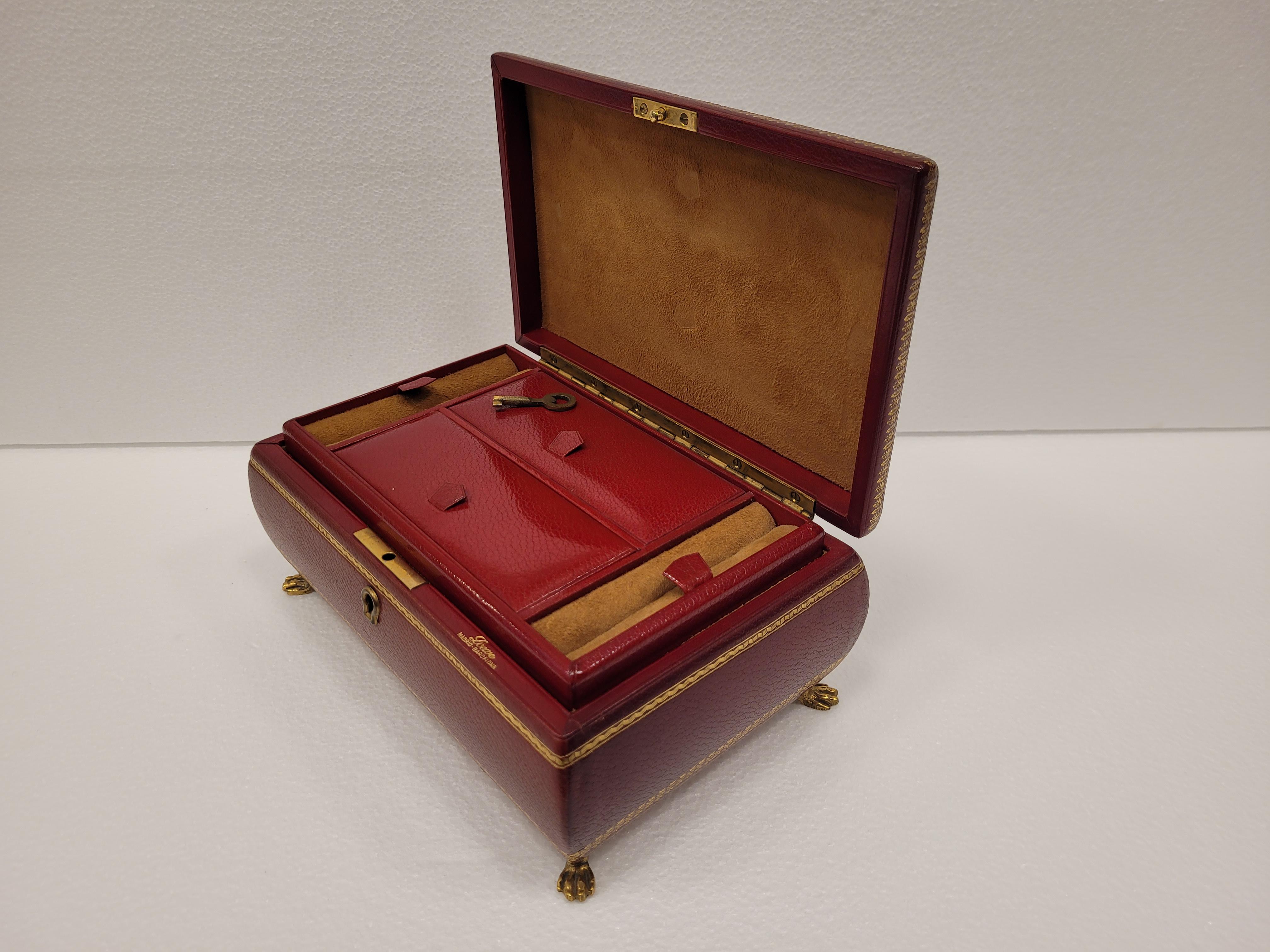 Vintage LOEWE garnet Leather Jewelry Box key gold 3