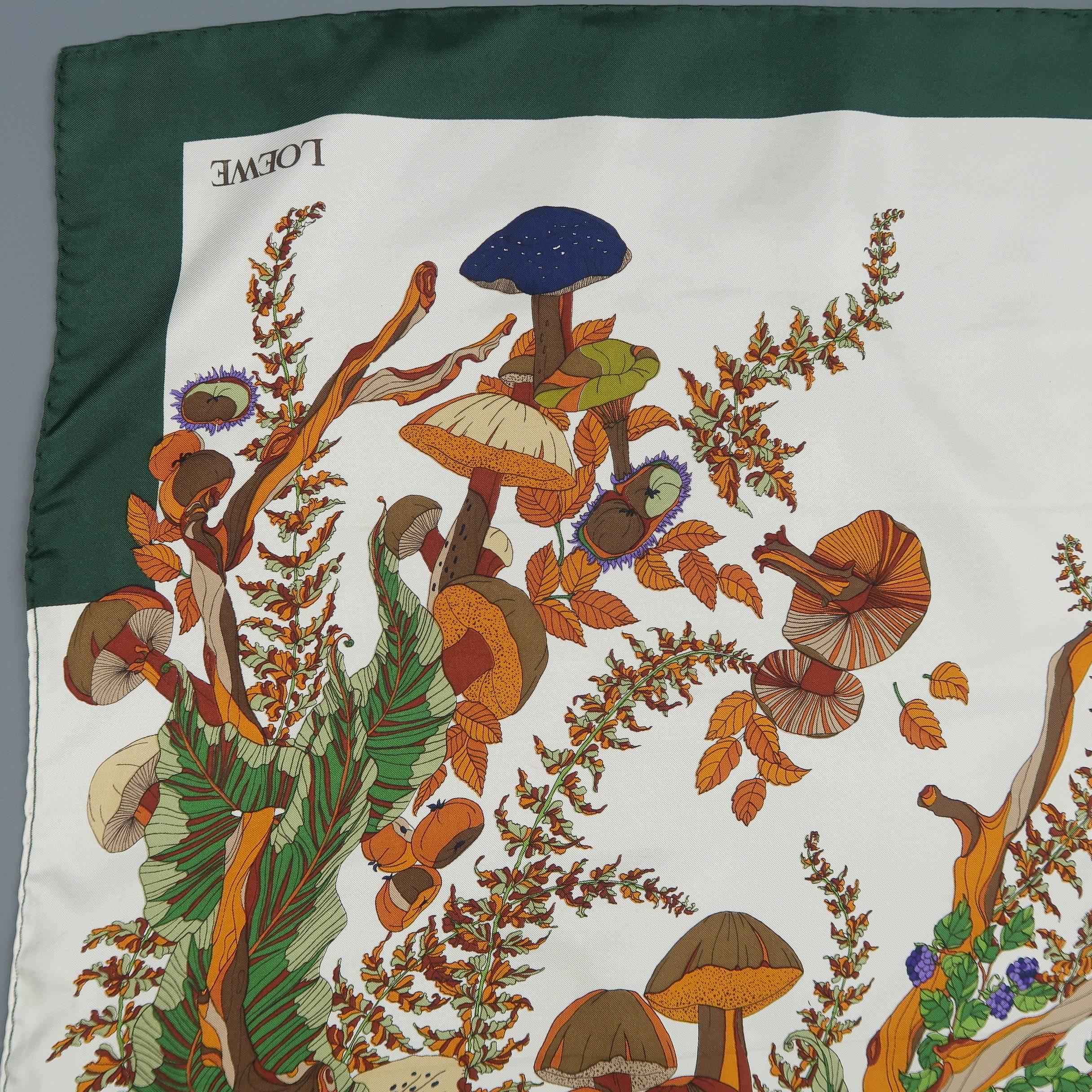 White Loewe Vintage Green and Cream Autumn Mushroom Print Silk Scarf