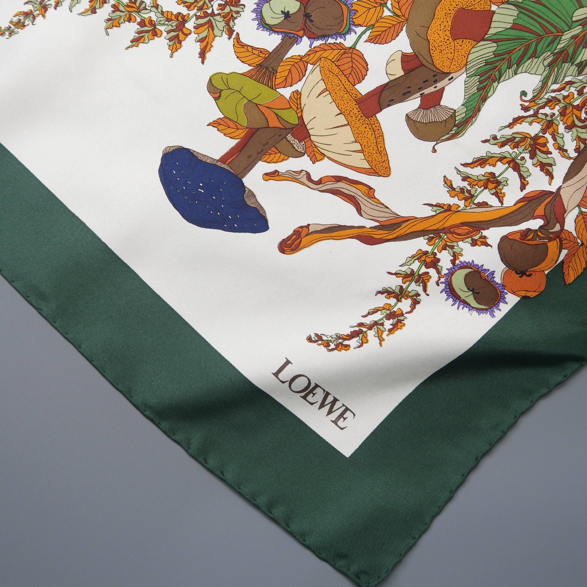 Loewe Vintage Green and Cream Autumn Mushroom Print Silk Scarf In Excellent Condition In San Francisco, CA
