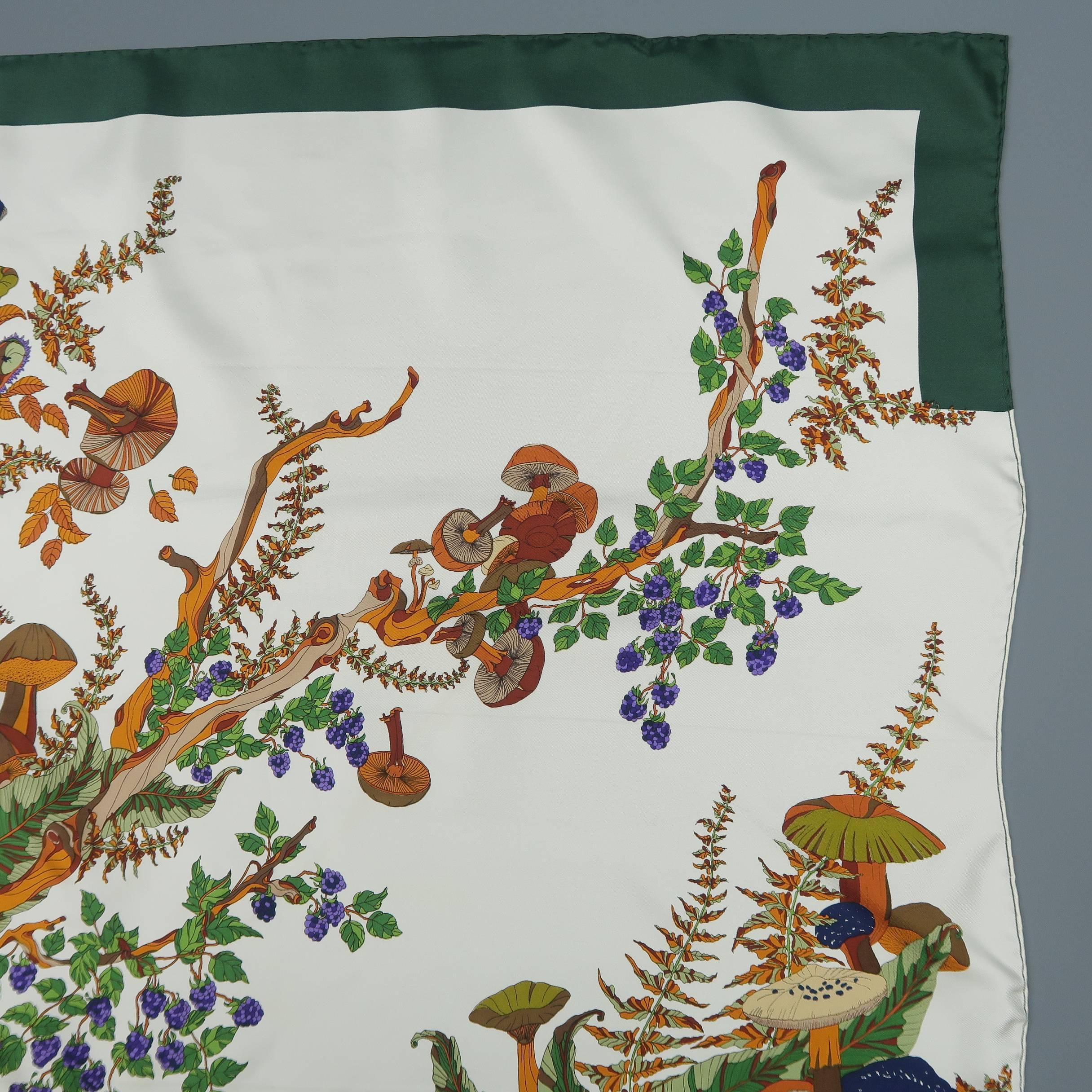 Women's Loewe Vintage Green and Cream Autumn Mushroom Print Silk Scarf