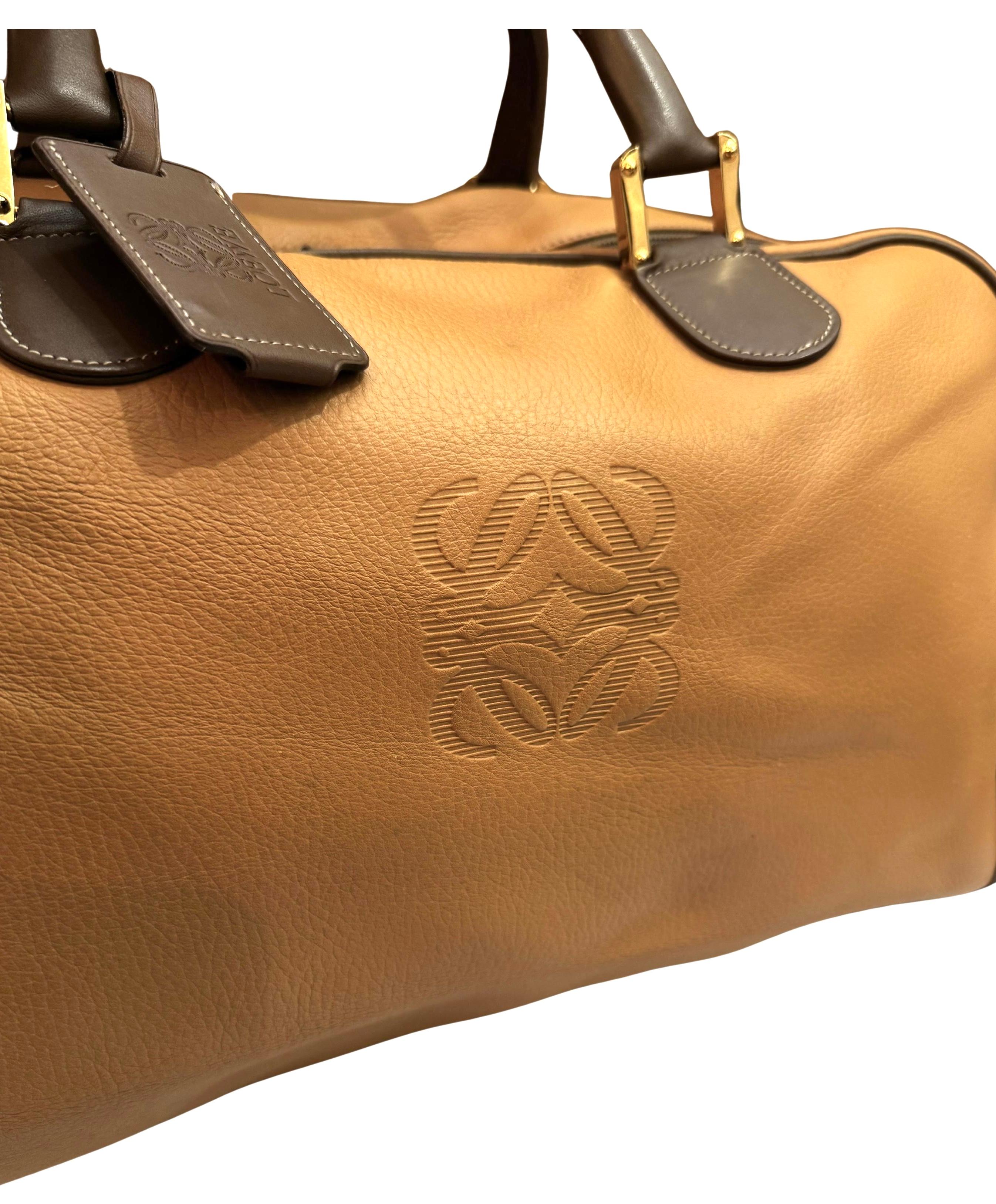 Vintage LOEWE Leather Anagram Boston Bag Mustard Unisex XL In Excellent Condition In Bangkok, TH