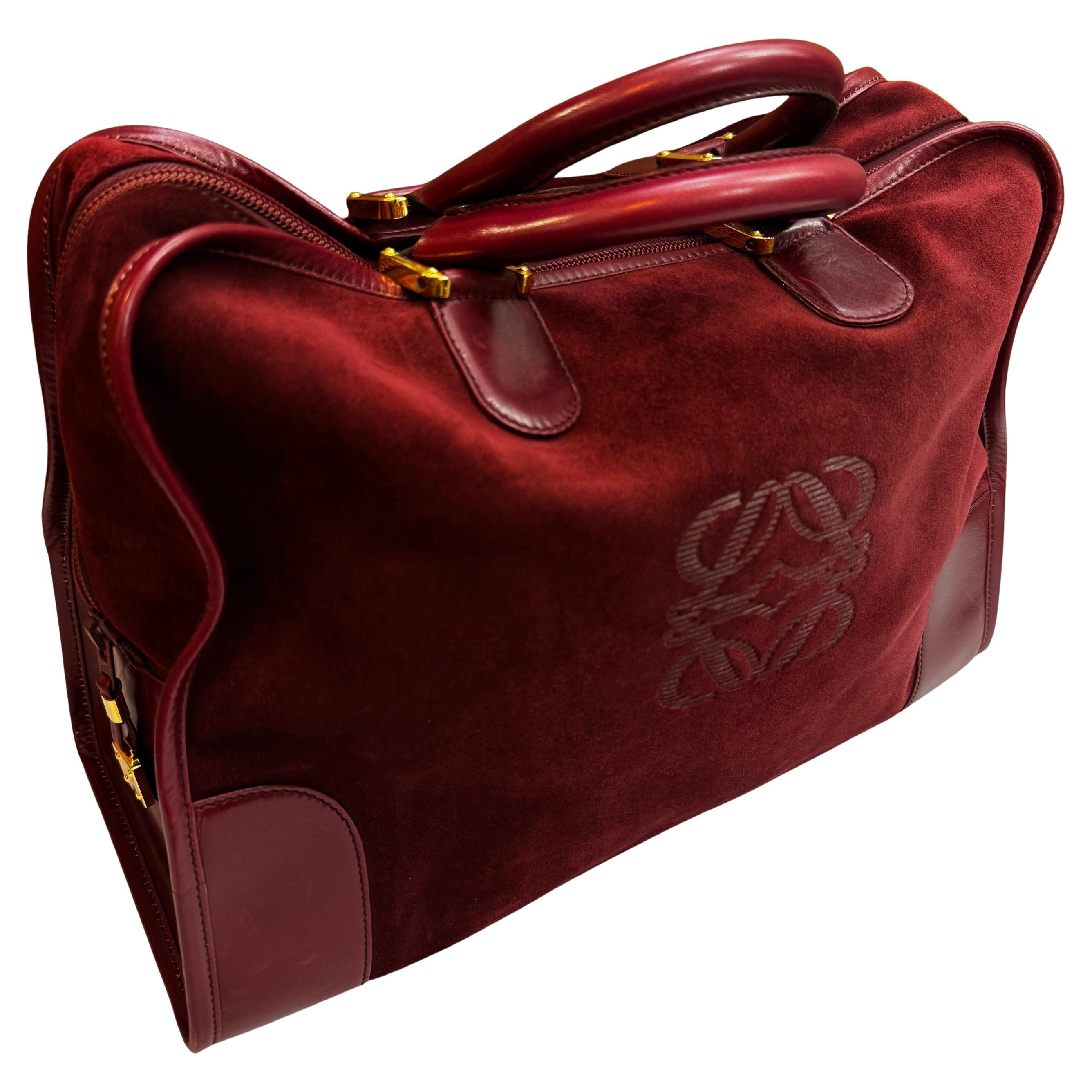 Vintage LOEWE Suede Anagram Amazona 40 Boston Bag Burgundy Unisex For Sale