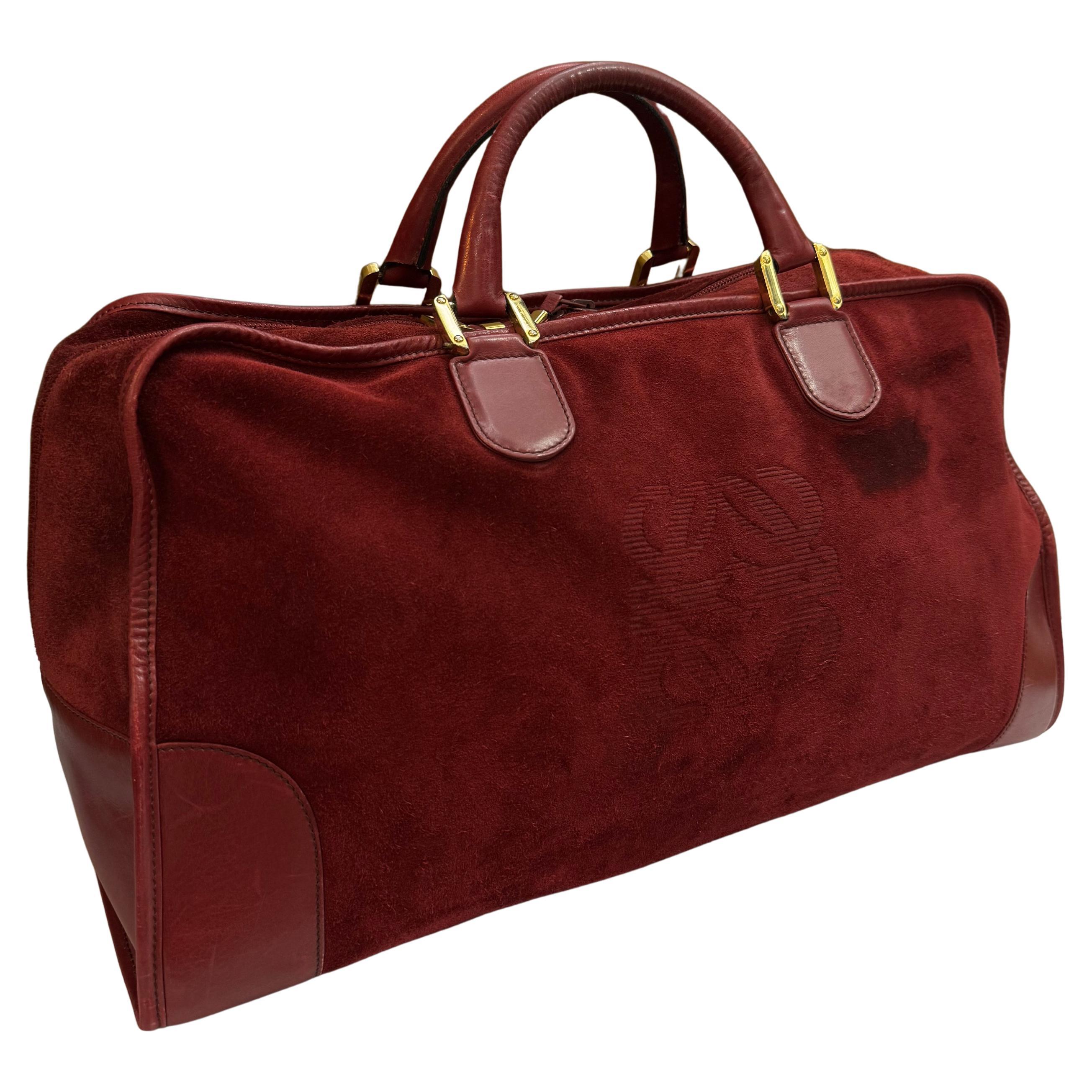 Vintage LOEWE Wildleder Anagramm Amazona 50 Boston Tasche Burgund Unisex im Angebot