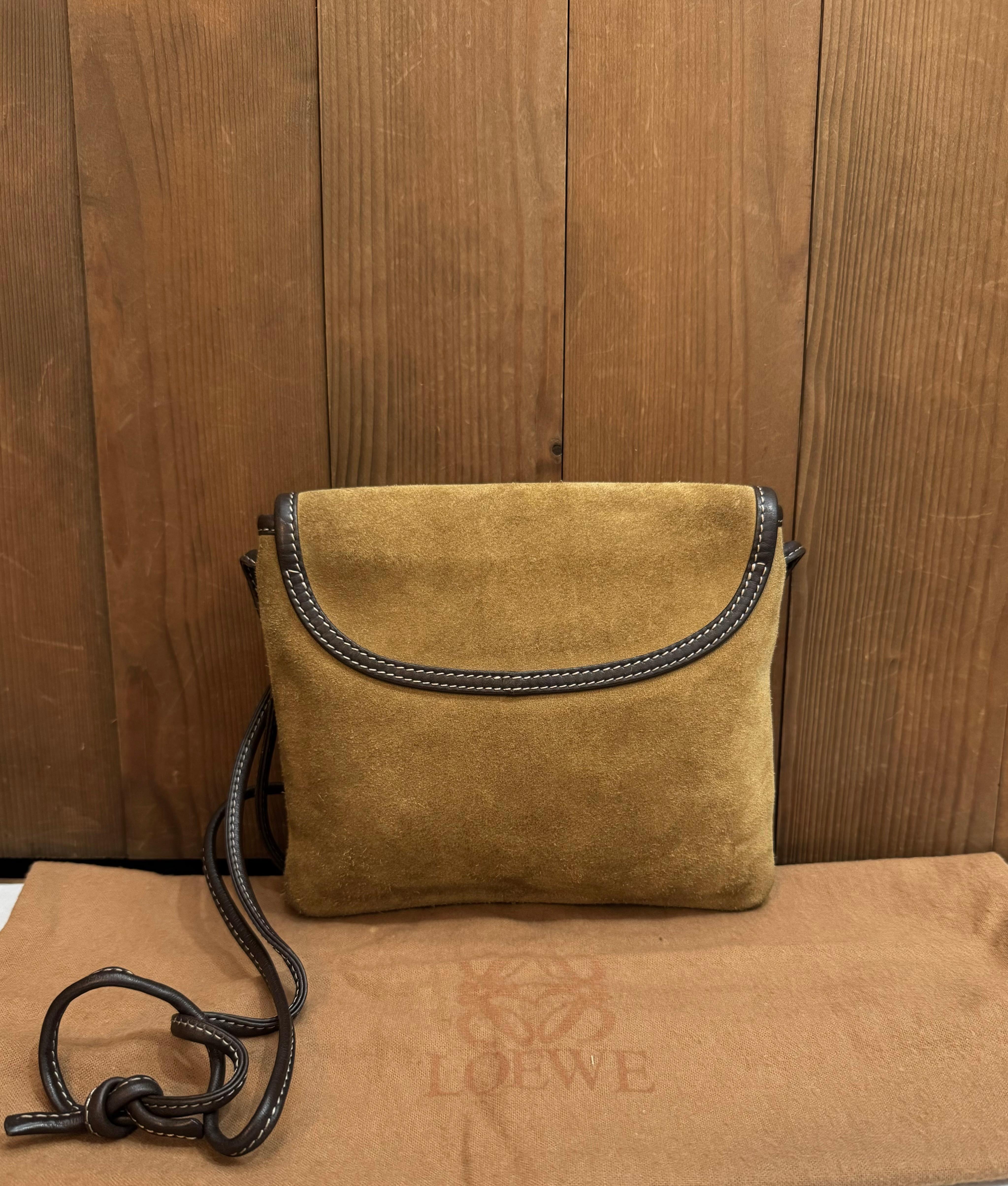 Vintage LOEWE Suede Anagram Mini Flat Crossbody Bag Brown Unisex In Fair Condition In Bangkok, TH