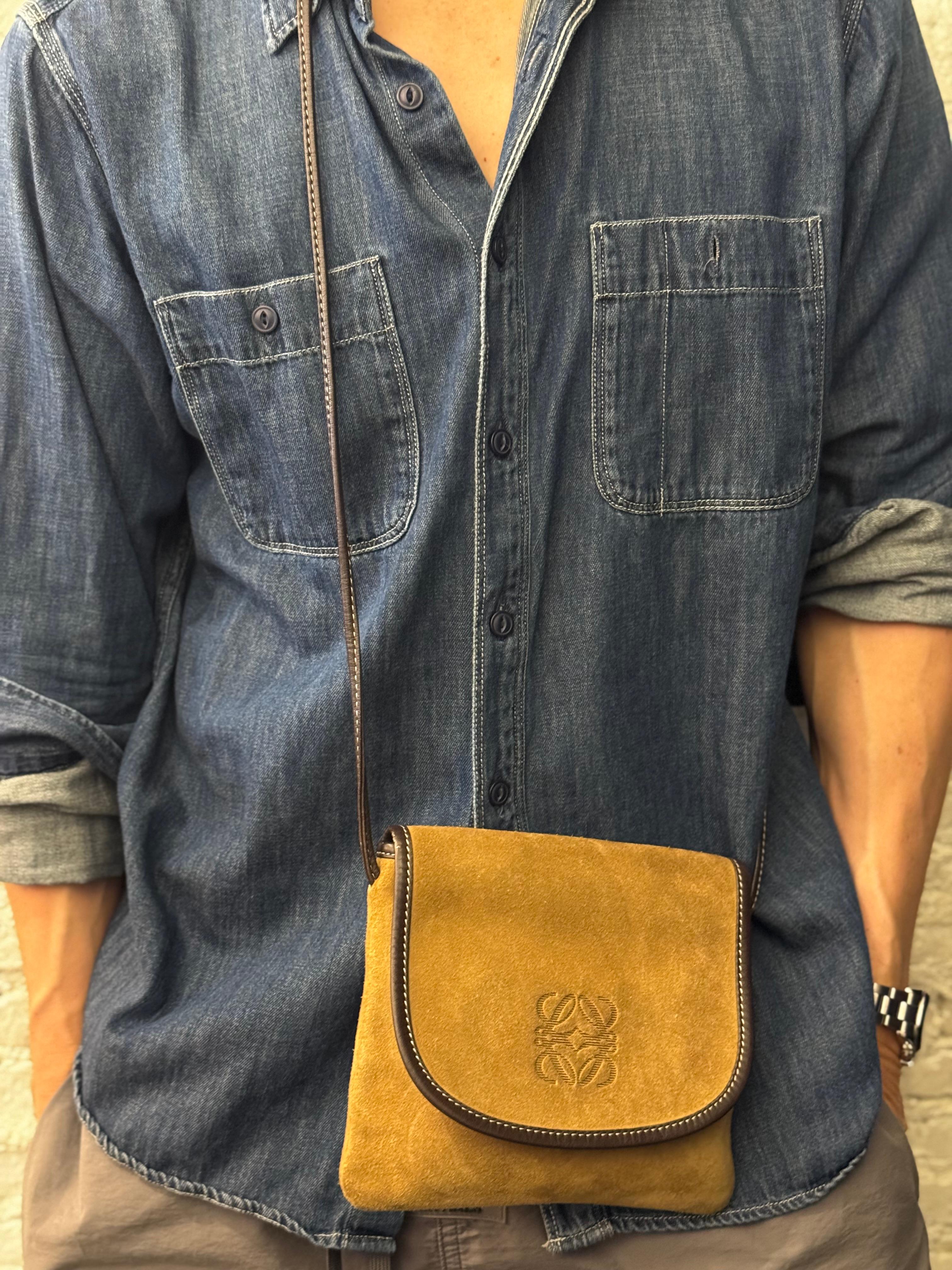 Vintage LOEWE Suede Anagram Mini Flat Crossbody Bag Brown Unisex 5