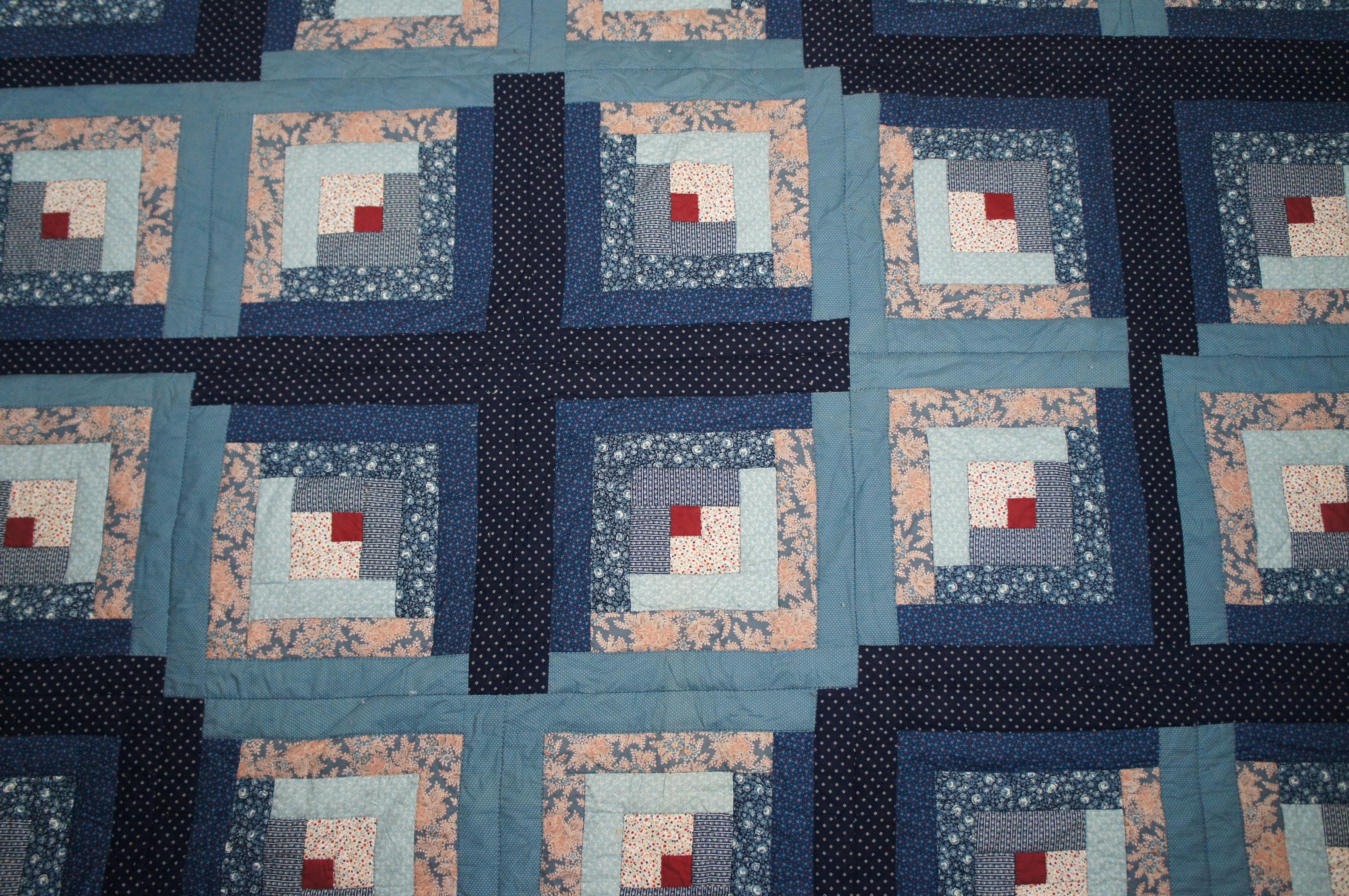 Vintage Log Cabine Stitch by Stitch Geometric Floral Quilt Blanket Bedspread 87