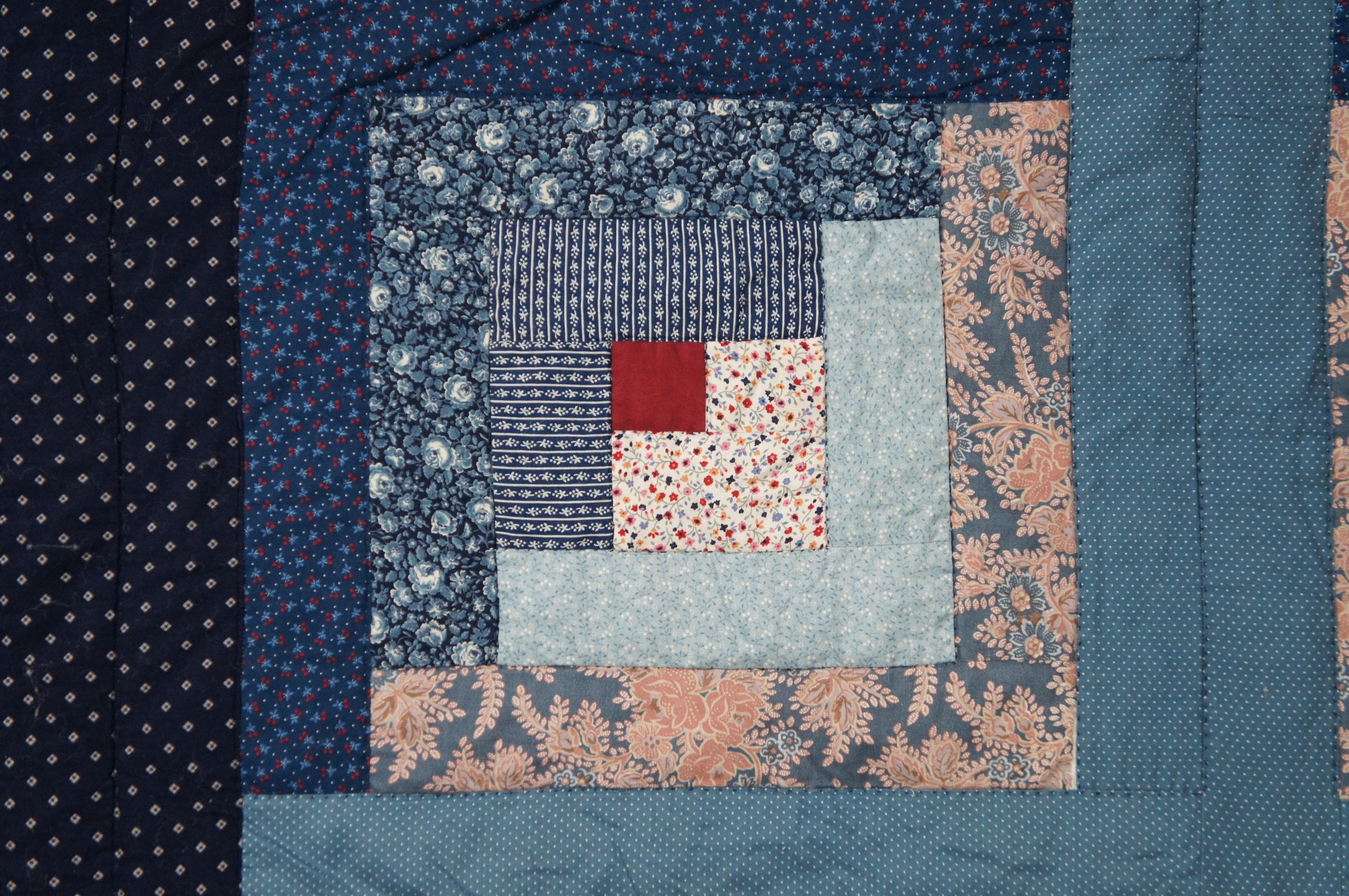 20th Century Vintage Log Cabin Stitched Geometric Floral Quilt Blanket Bedspread 87