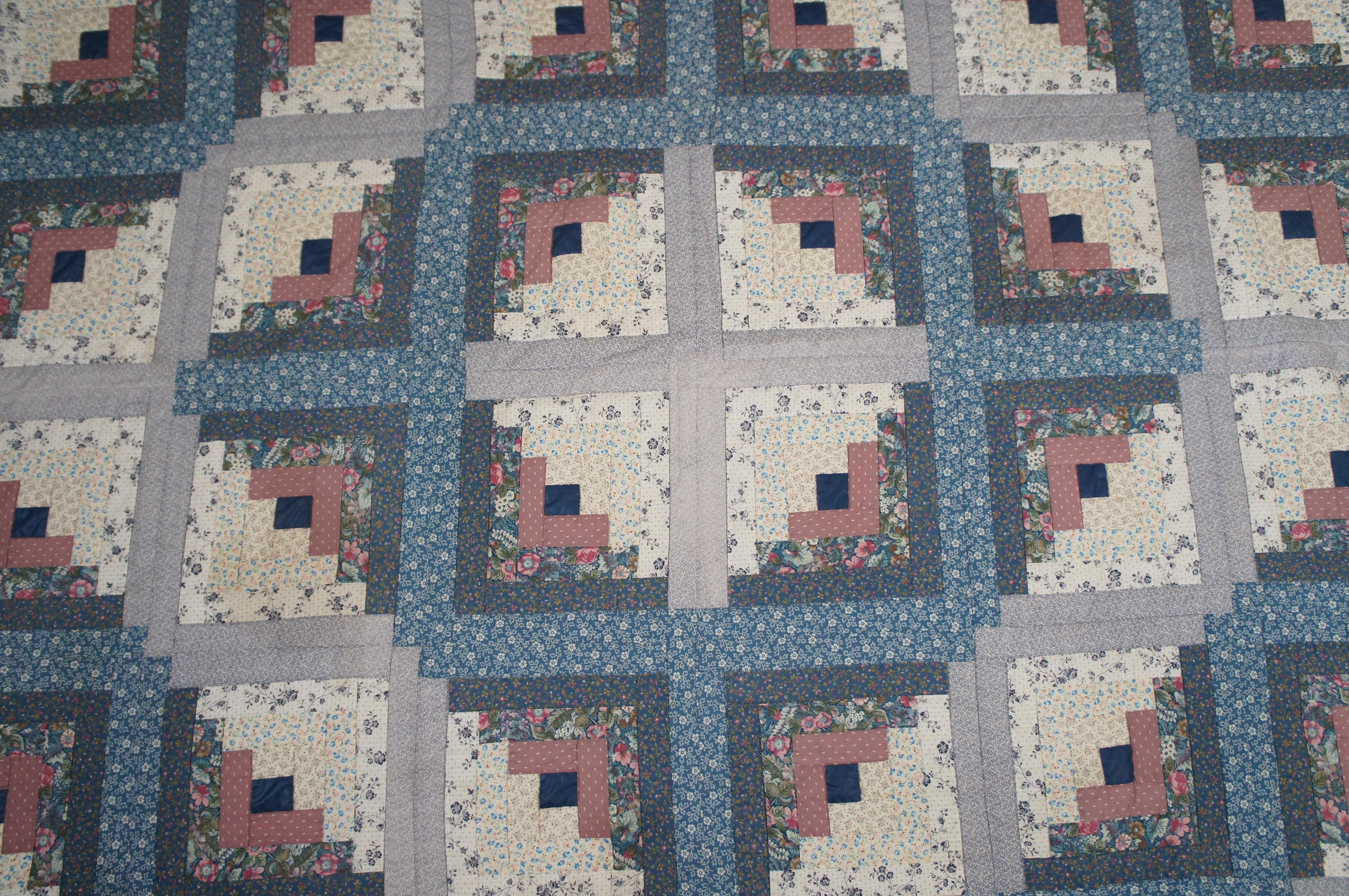 Folk Art Vintage Log Cabin Stitched Geometric Floral Quilt Blanket Bedspread 94