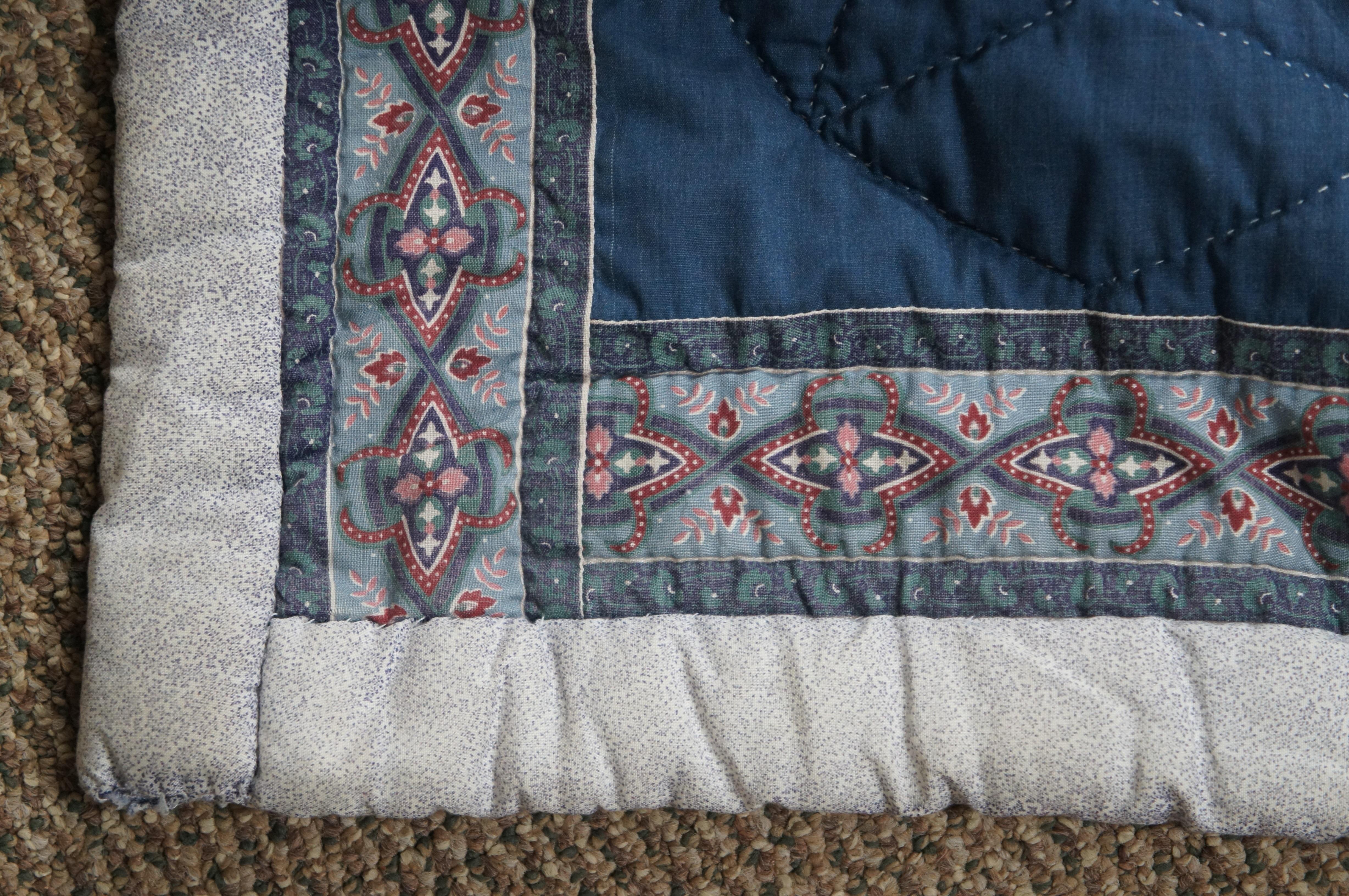 20th Century Vintage Log Cabin Stitched Geometric Floral Quilt Blanket Bedspread 94